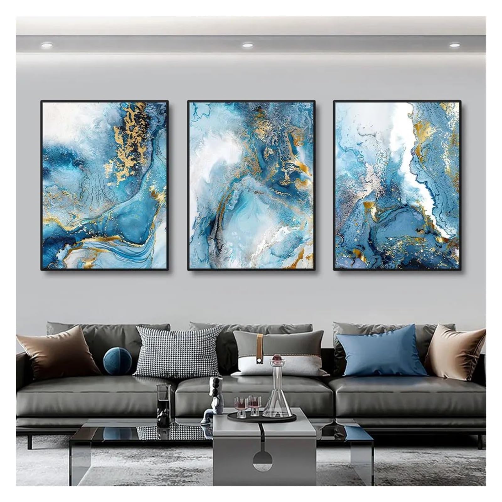 Peintures d'Art Créatives Triptyque Marbre Bleu Or, Tableau Déco Salon Tendance