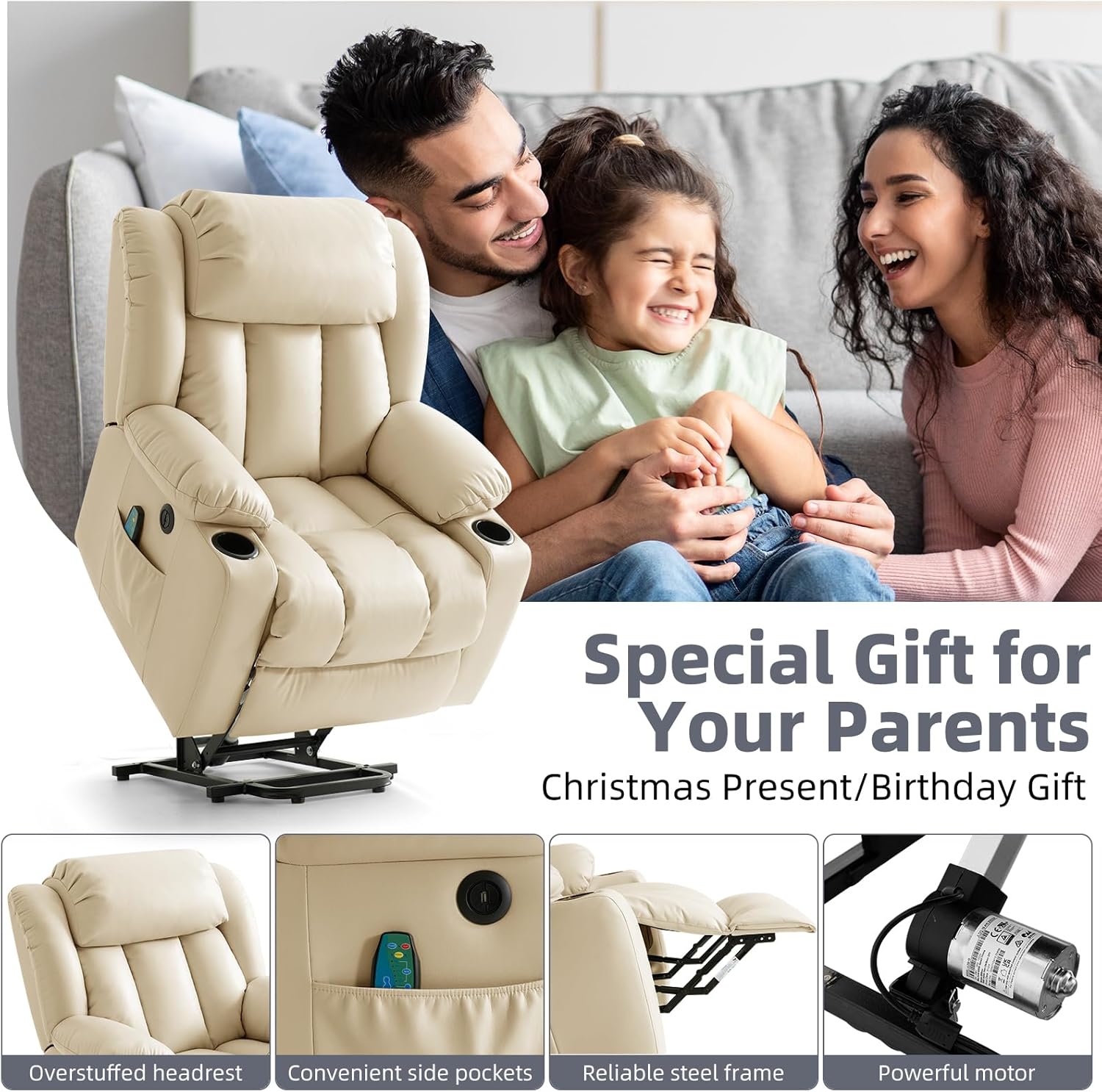 Power Lift Recliner Chair for Elderly, Electric Recliner Chairs for Adults with Massage and Heat, Cup Holders, Remote Control, USB Ports, Side Pockets, Leather (Cream)