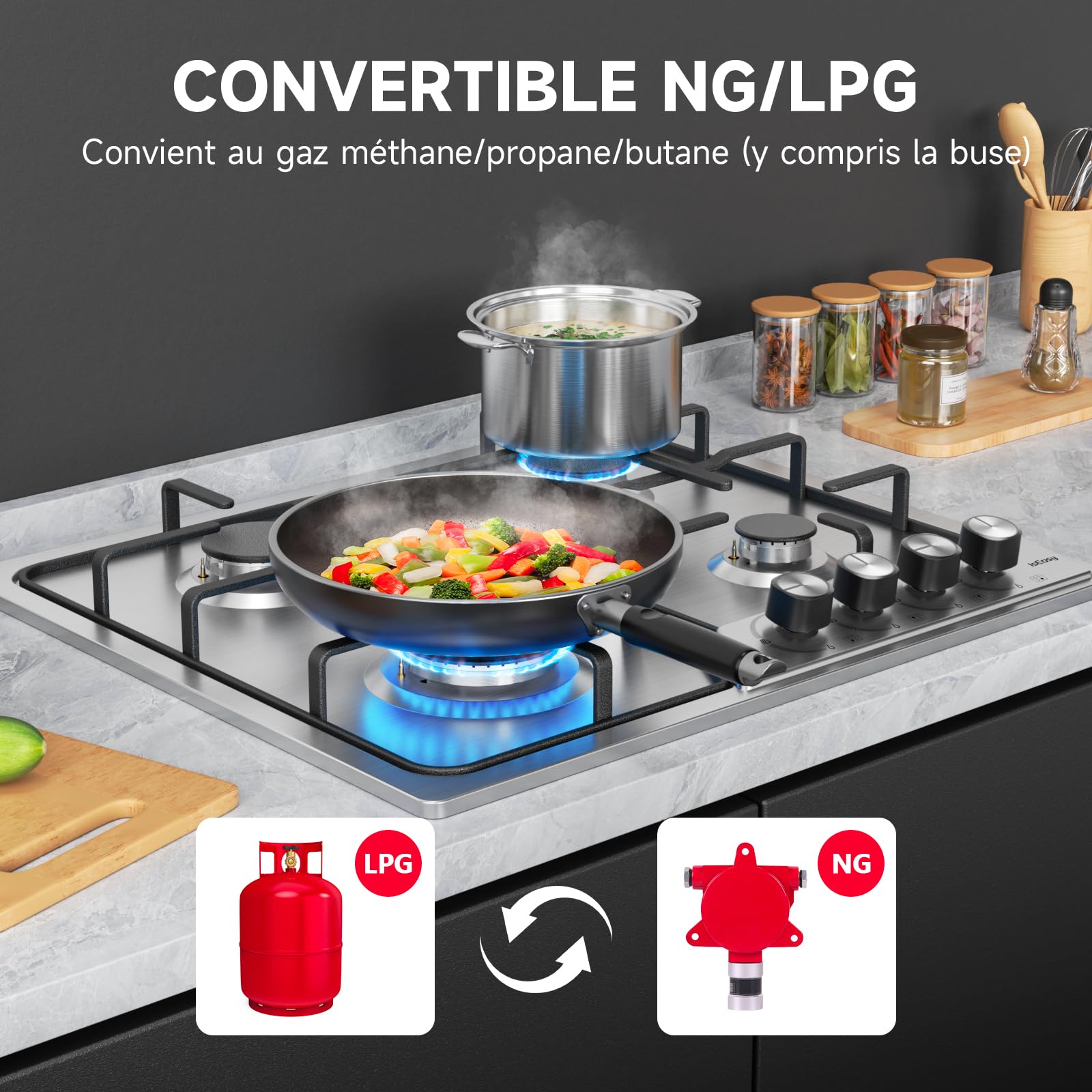 IsEasy Piano Cottura a Gas 4 Fuochi Incasso in Acciaio Inox, 60cm con Bruciatore da 7.2 kW, Sicurezza Termocoppia, Alimentazione Metano/GPL
