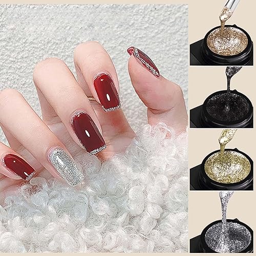 Miniatura 2 de Esmalte de uñas de gel con purpurina de metal plateado, 4 colores pintados de metal platino, esmalte de gel de dibujo dorado, plateado y negro con