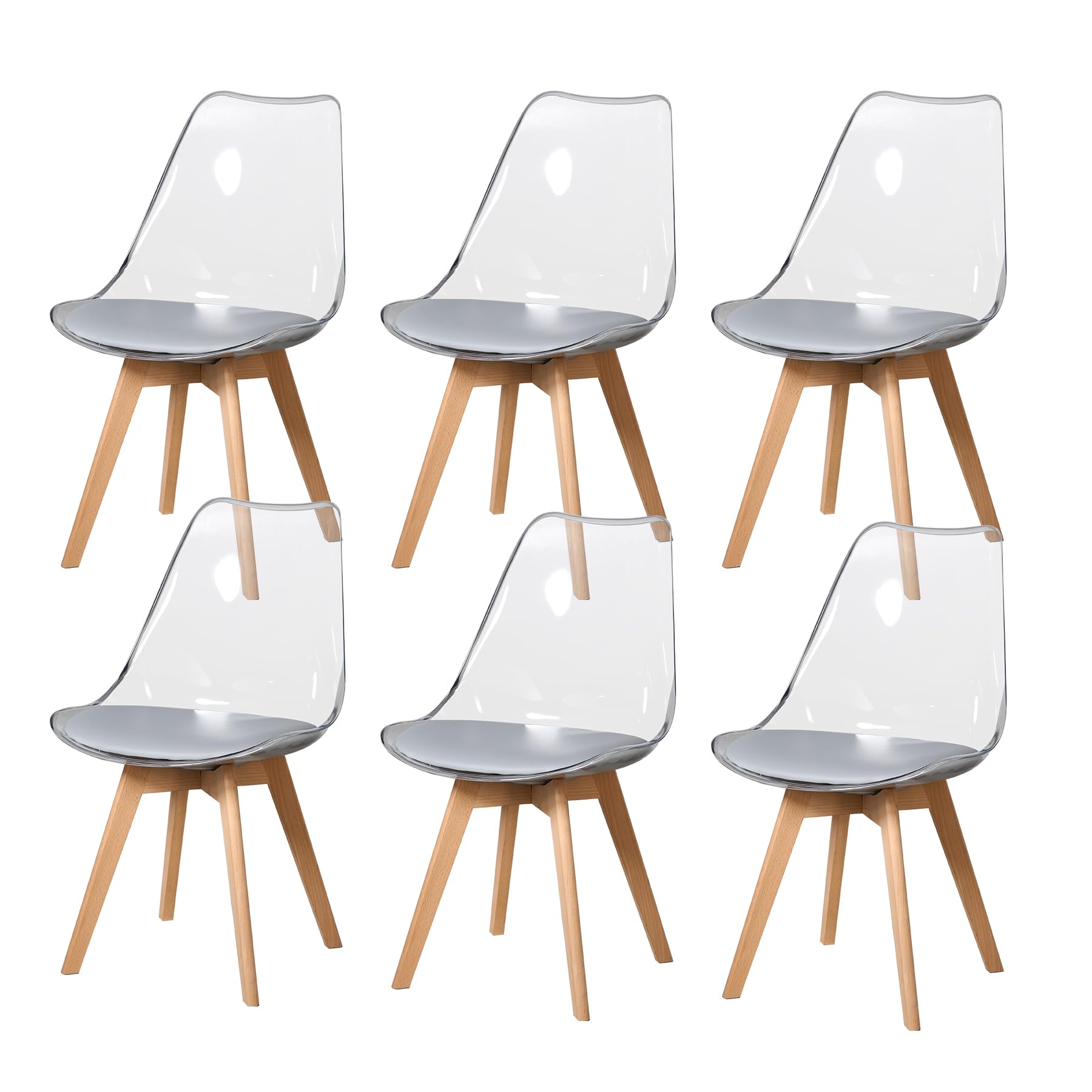 DEYARNA HOME Juego de 6 Sillas de Comedor con Cojín de Cuero PU, Silla Lateral de Plástico Transparente para Comedor, Salón, Dormitorio, Oficina (Gris)