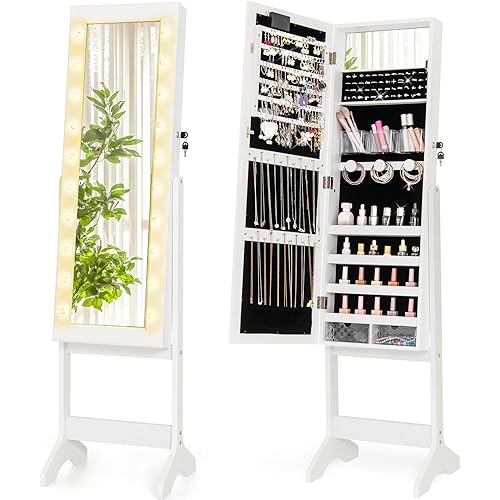 Giantex Standing Jewelry Armoire with Lighted Full Length Mirror, Lockable Jewelry Cabinet Organizer with 20 LED Lights, Adjustable Tilt, Large Storage for Earrings, Rings, Necklaces, White