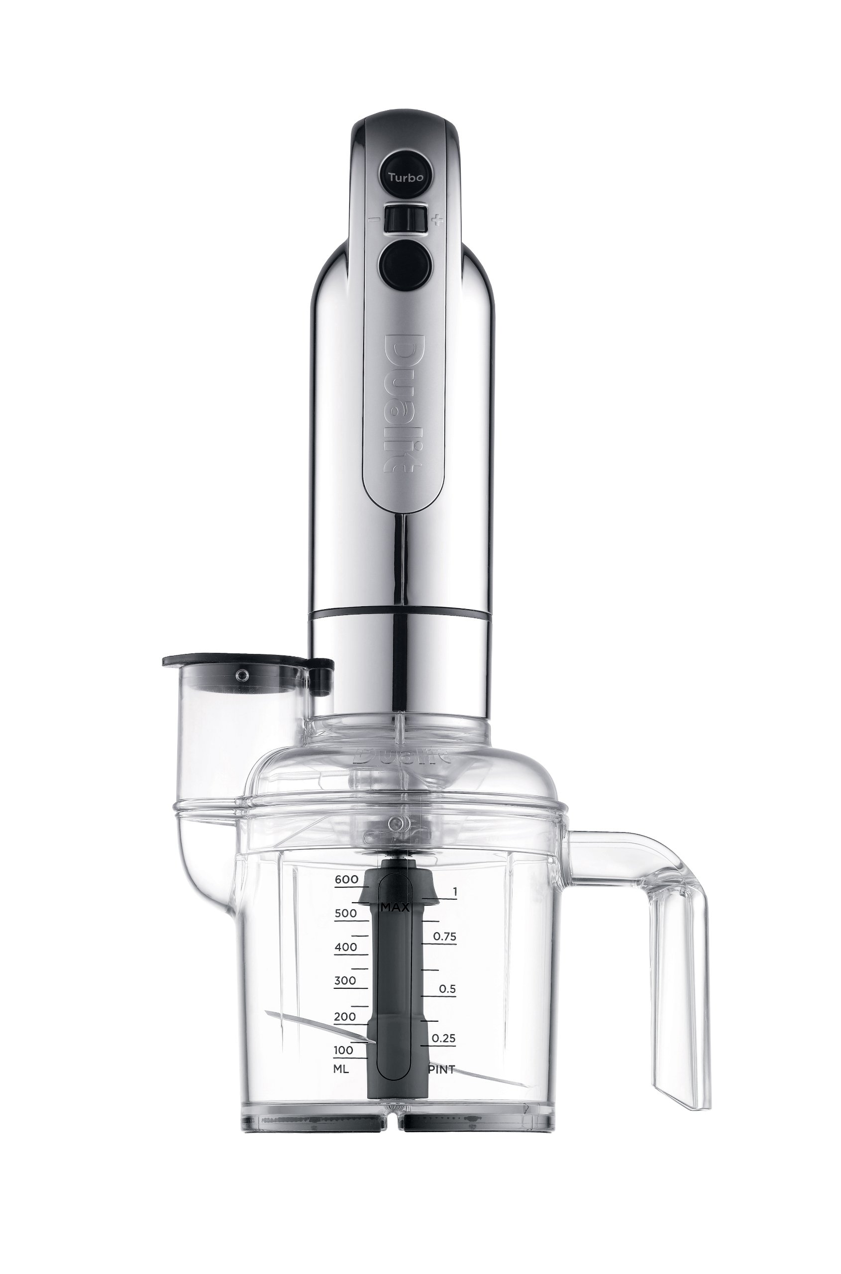 Dualit CLASSIC Stabmixer Set 700 W, Pürierstab mit Turbo, Edelstahl poliert | Anti-Saug-Mixstab, Tritan-Behälter, Zerkleinerungsschüssel, Schneebesenaufsatz, ergonomisch, spülmaschinenfest