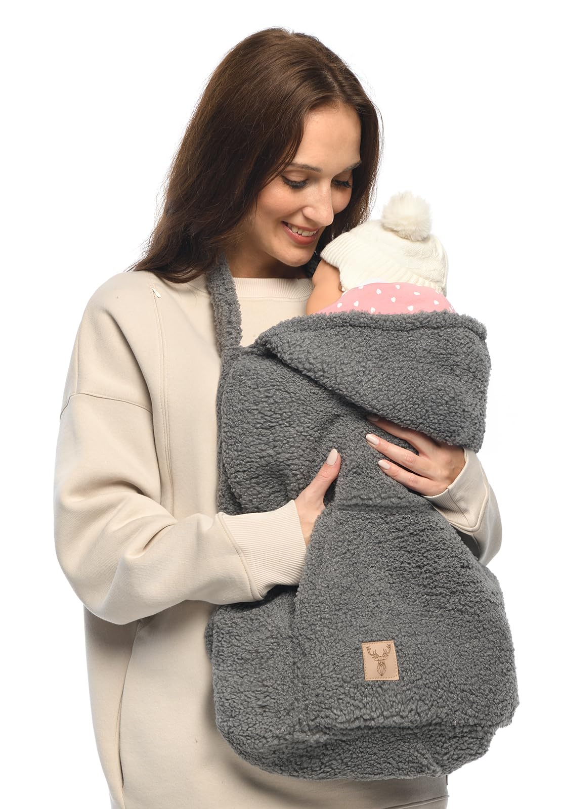 MijaCulture Tragecover M025 TEDDY - Copertura universale per portabebè e mantello, copertura calda per neonati (Grigio/Rosa)