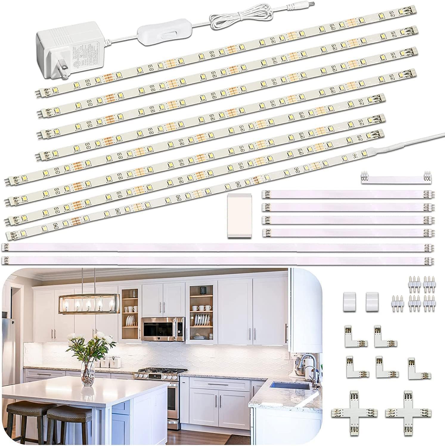 LED Cabinet Lights,Flexible LED Ribbon Lights Bar,Under Counter Lighting for Kitchen,Cupboard,Desk,Showcase,Shelf, 8PCS 12inch Rope Light with Adapter,DIY Lamp,1200lm Cross Light,6000K White