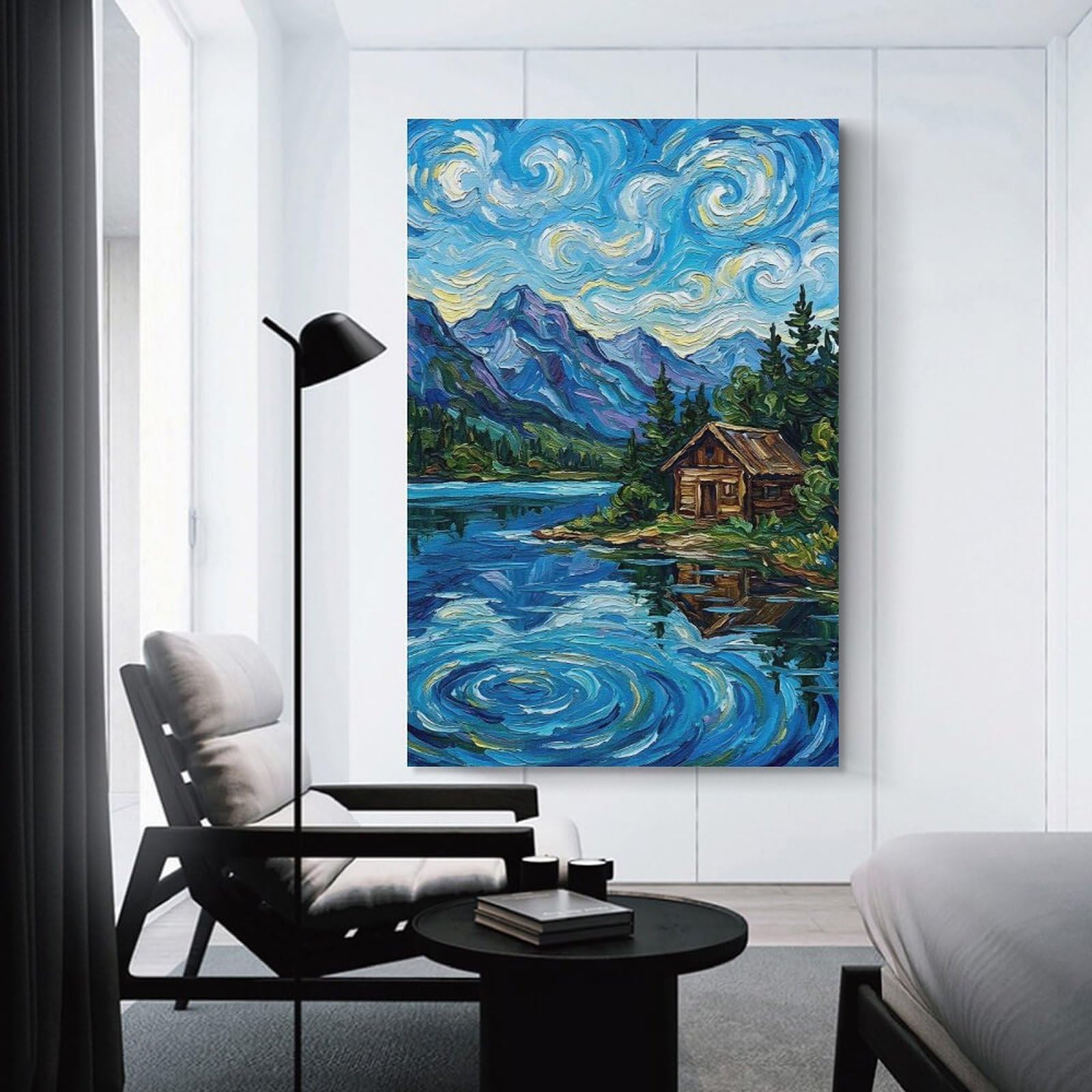 Junmoney Canvas Wall Picture Cabin by The Lake Painting, 24x36inch(60x90cm), for Bedroom Decor, Cosy Corners Or Studios, A Warm Accent for Relaxed Interiors