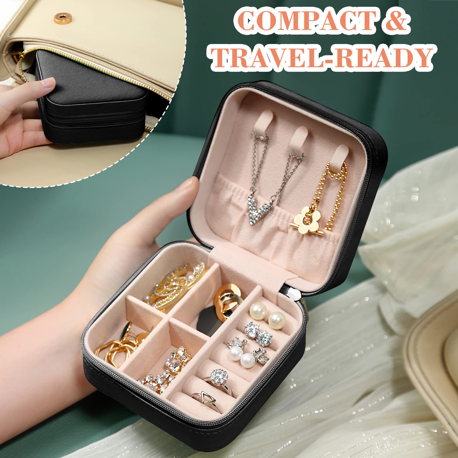 Eucomir Portagioie Donna,Piccolo Portagioie Organizzatore di Portagioie da Viaggio in Pelle PU,Scatole Portagioie Portatile Organizzatore per Riporre Orecchini/Anelli/Collane(10x 10x 5CM,Nero