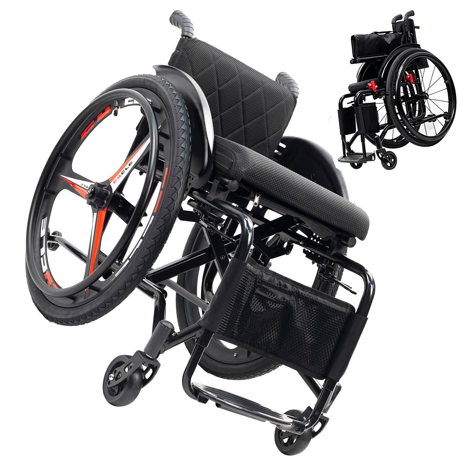 Carrozzina Sportiva Pieghevole per Trasporto 38cm/15in | Portata 100 kg, ruote posteriori da 24 pollici, carrozzina portatile per viaggi