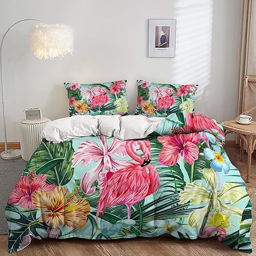 AILONEN Juego de funda de edredón de flamenco tamaño matrimonial, juego de ropa de cama con estampado de flamenco tropical para niños y niñas, juego