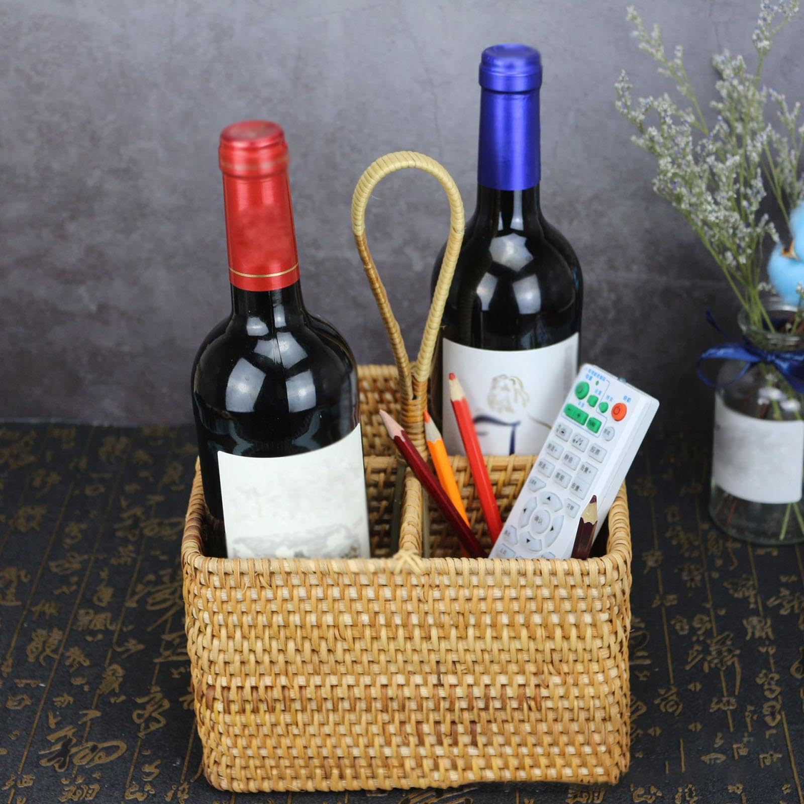 rockible Cesta para Cubiertos Y Especias con 4 Compartimentos, para Guardar, Hecha de Ratán Tejido para, Cuadrado Grande