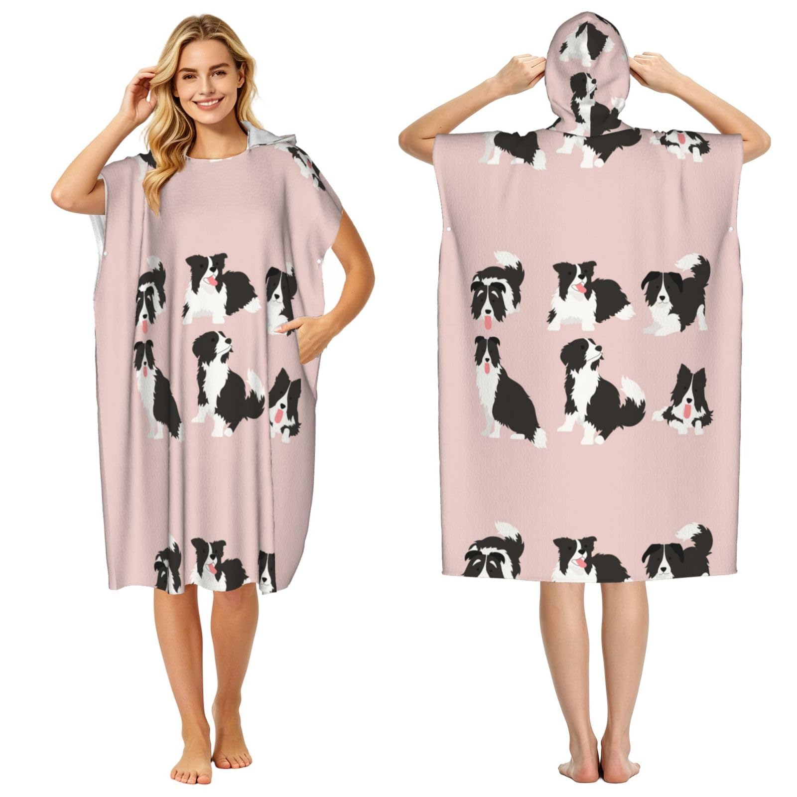 Poadnly Border Collie Dog, Adult Hooded Beach Towel 90 x 110 cm,Changing Bath Robe, Surf Poncho Towel For Women Men