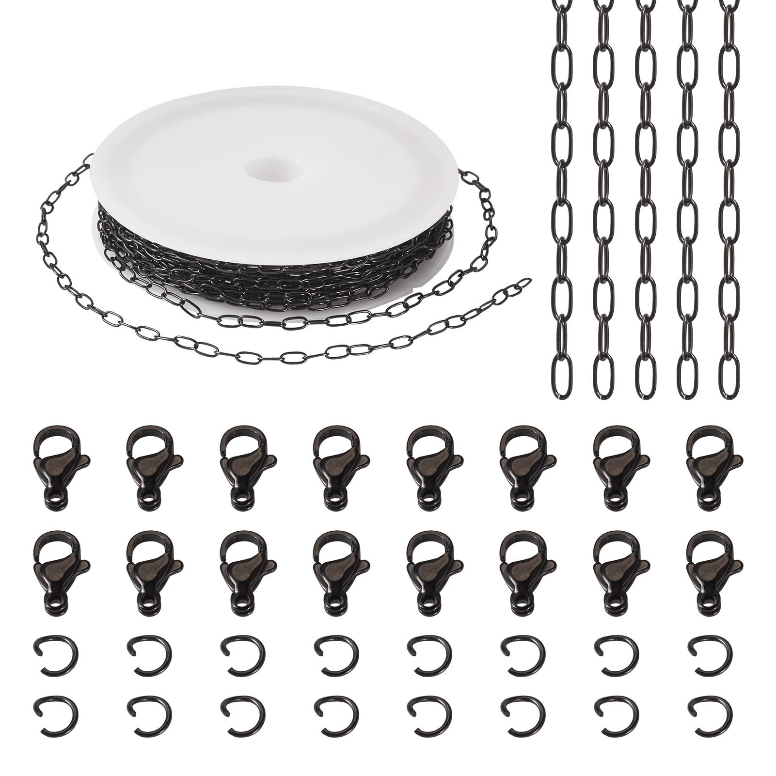 Chaînes trombones ovales en acier inoxydable noir avec fermoirs et anneaux pour bijoux 4m