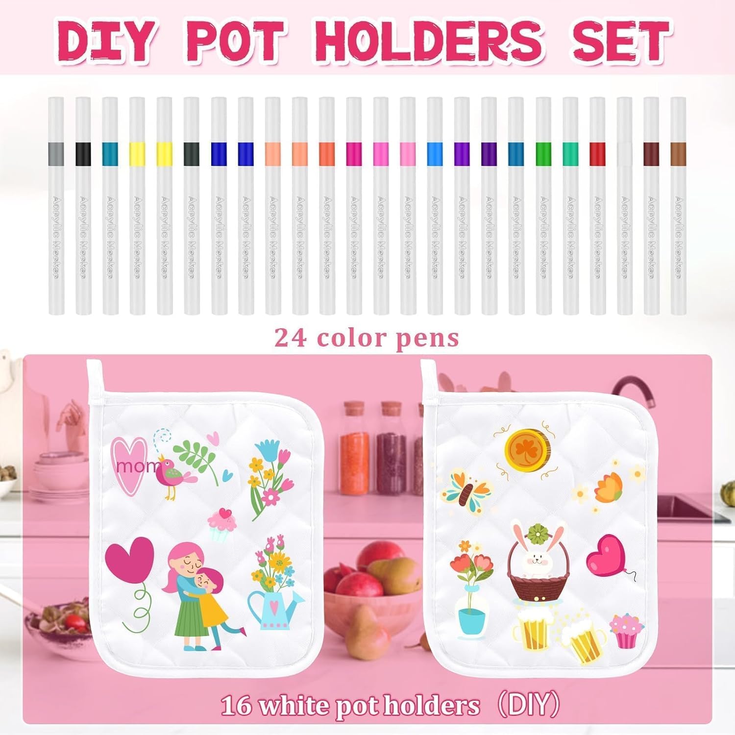 16 Sets DIY Pot Holders Craft Set White Blank Pot Holders Bulk Cloth Heat Resistant Hotpads with 24 Colored Marker Pens DIY Craft Project Set for Kitchen Cooking Baking Activities Mother's Day