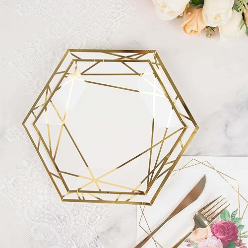 Miniatura 2 de Efavormart - Paquete de 25 platos de papel hexagonales de postre blancodorado de 7 pulgadas, platos de aperitivos, platos desechables para fiestas