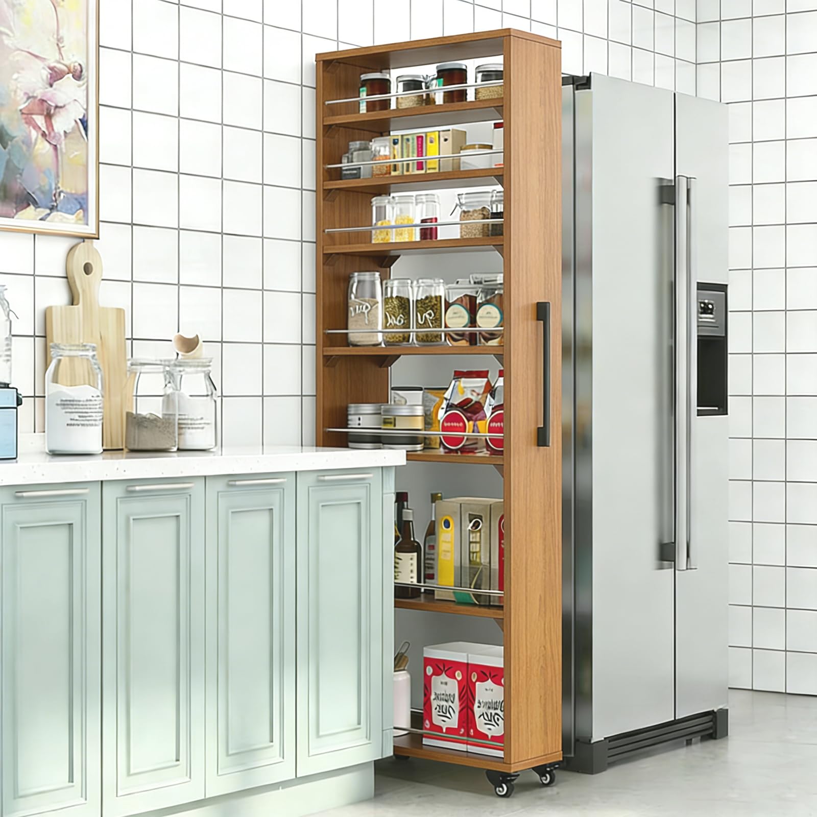 Scaffale a 7 ripiani con ruote, sottile, in legno, finitura noce chiaro, design stretto (larghezza 10 x profondità 18 x altezza 72 cm), salvaspazio