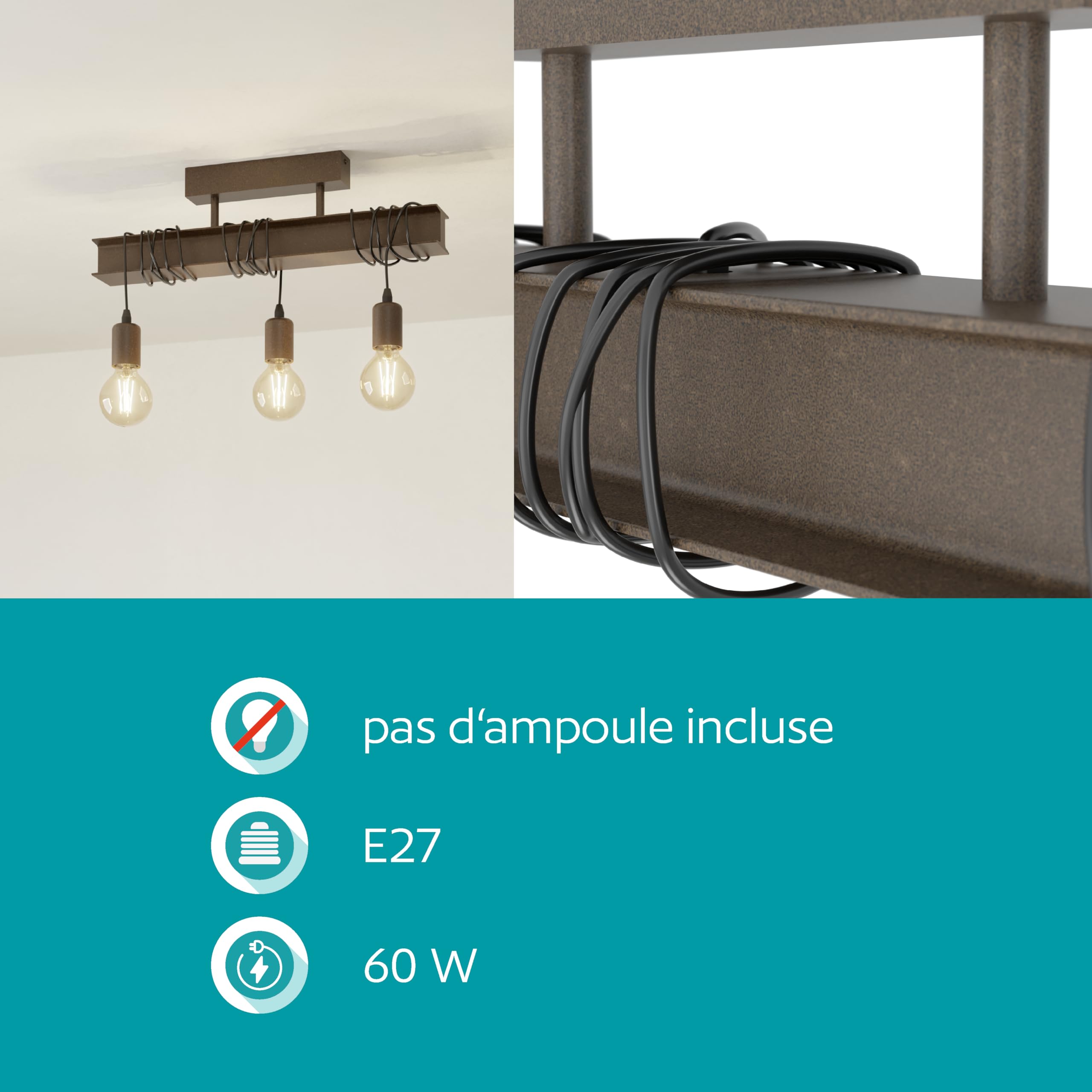 Eglo Luminaire plafonnier Townshend 4 à 3 flammes, lampe de plafond au