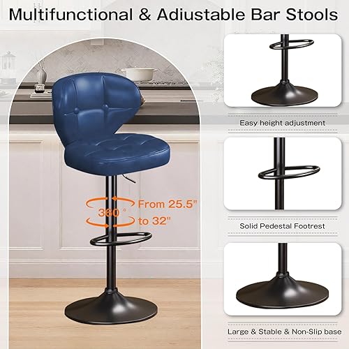 Miniatura 5 de Taburetes de bar modernos, juego de 2 taburetes de cocina giratorios de altura ajustable, asiento acolchado con respaldo, marco de metal, base
