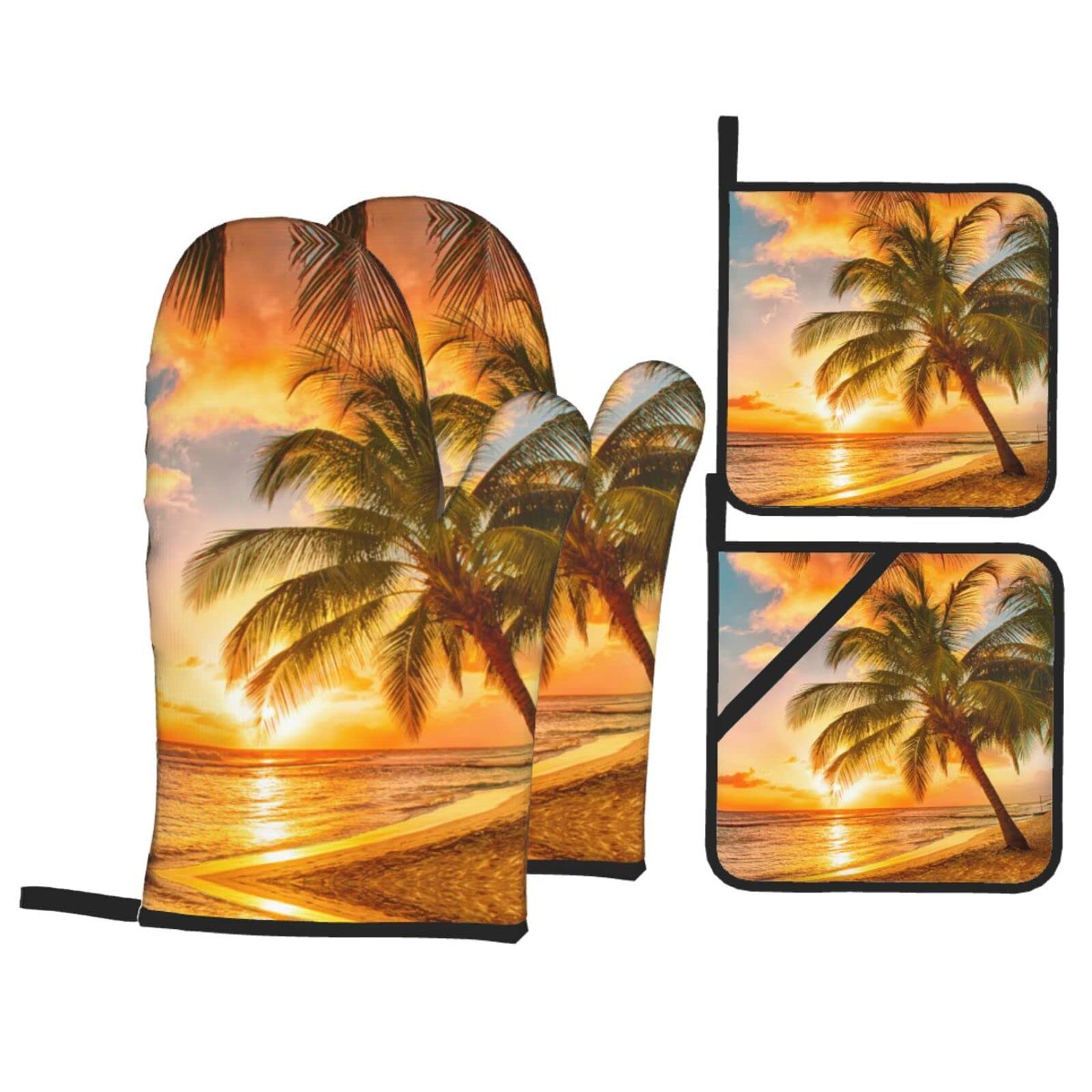 Tropical Beach Palm Tree Sunset Oven Mitt and Pot Holder 4-Piece Set for Kitchen, Outdoor Grill, Baking
