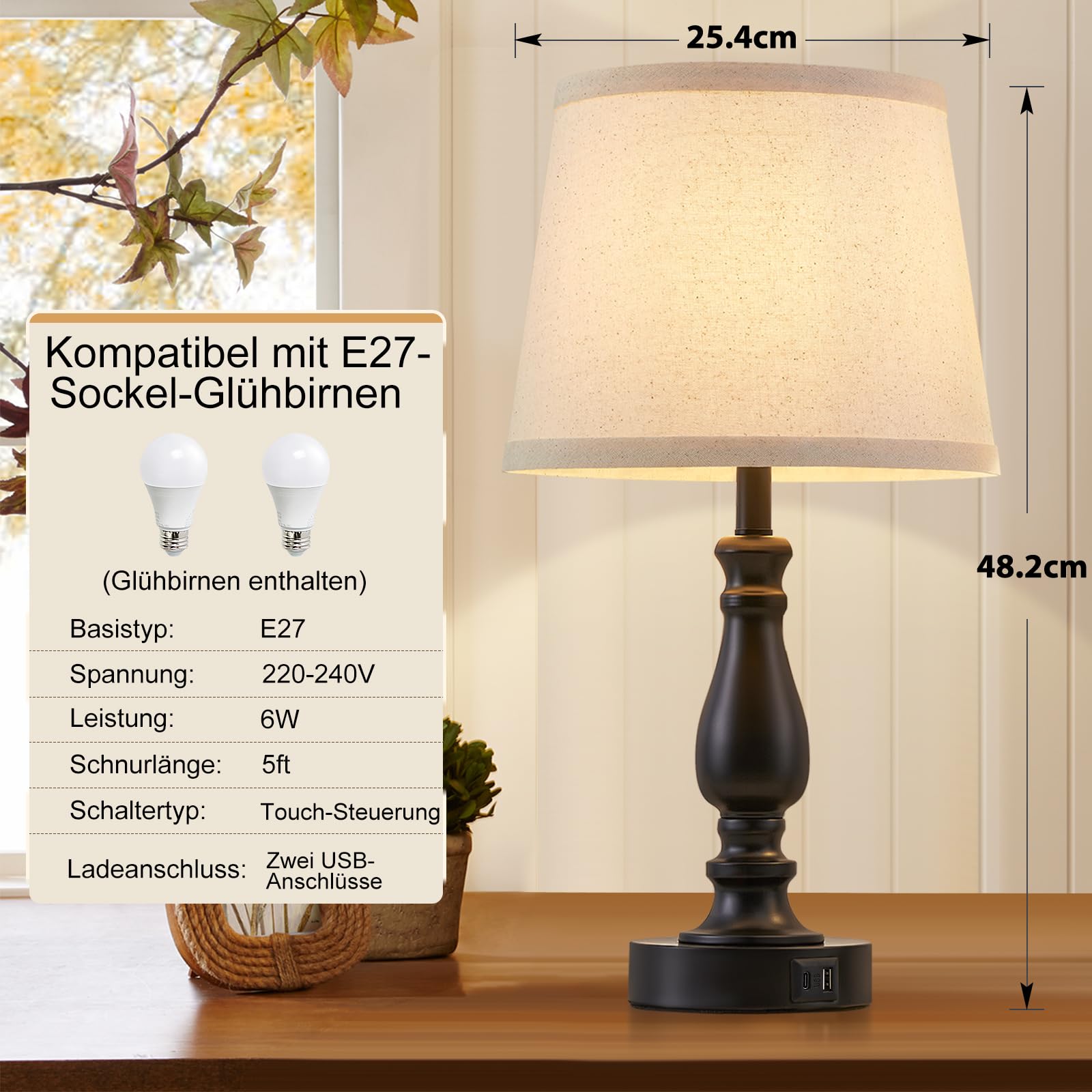GyroVu Nachttischlampe 2er Set, Touch Bedside Lamps mit USB A+C Ladeanschlüssen, Tischlampe mit Kabel, 3-Stufig Dimmbar Table Lamp für Schlafzimmer Wohnzimmer Hotel Büro (LED-Birne Inklusive)