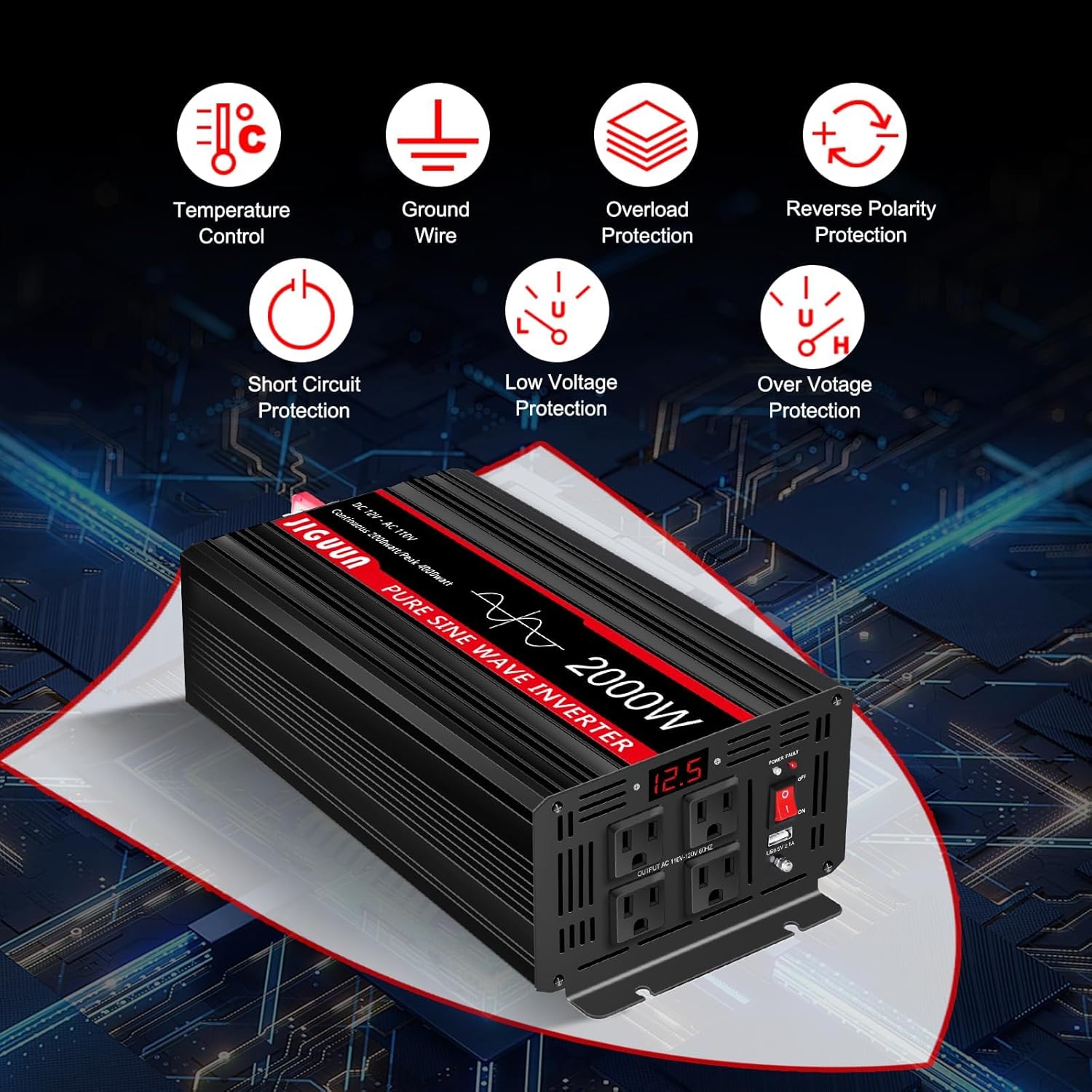 JIGUUN 4000W Peak Pure Sine Wave Power Inverter 2000 Watt,12v DC to 110/120v AC Inverter 3 AC & USB Output,Power Converter LED Display for Home RV Camping Outdoor Car Truck