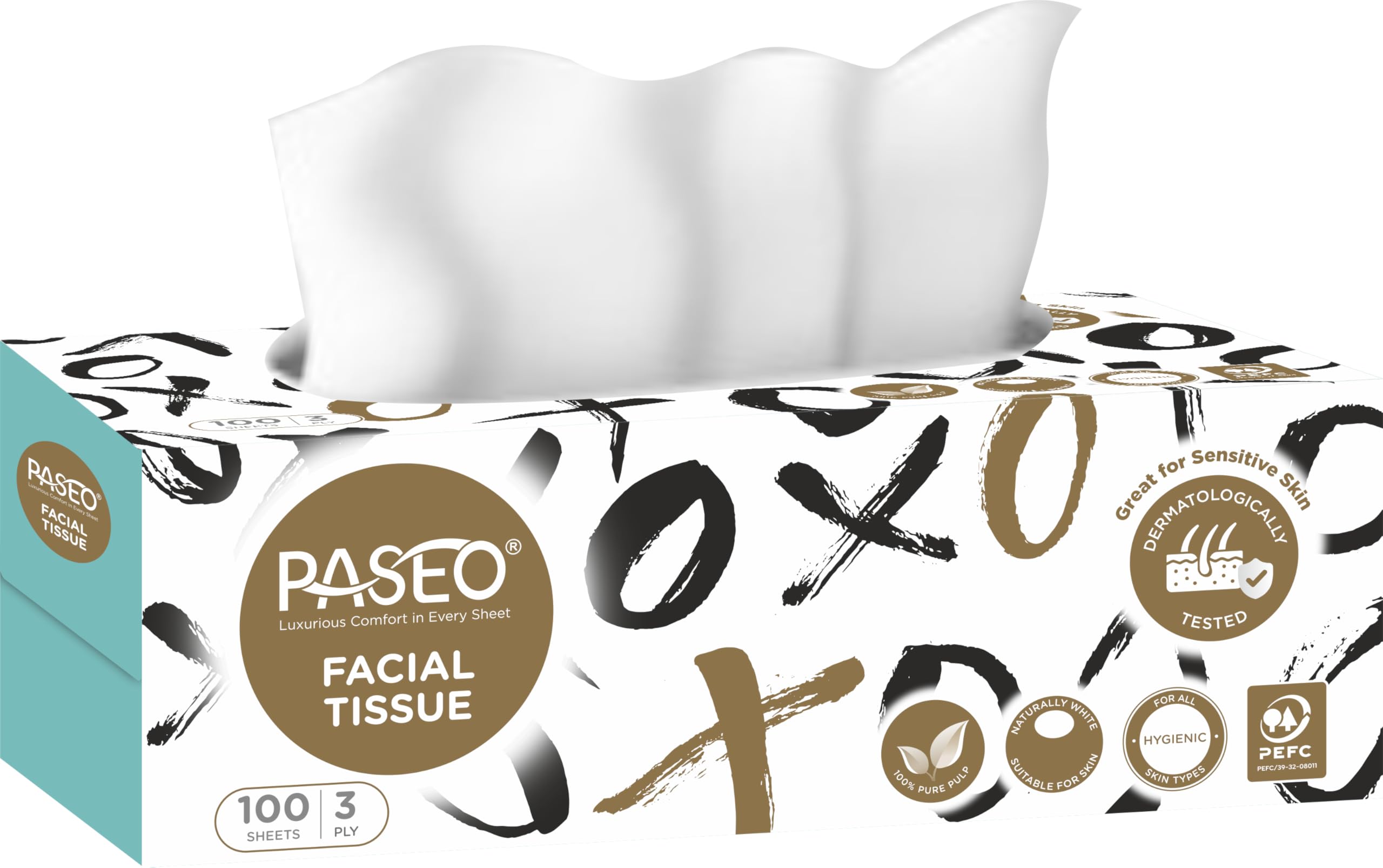 PASEO XOXO Facial Tissues, 3-Ply, 100 Pulls, Dermatologically Tested for Sensitive Skin (Pack Of 8)-image-16