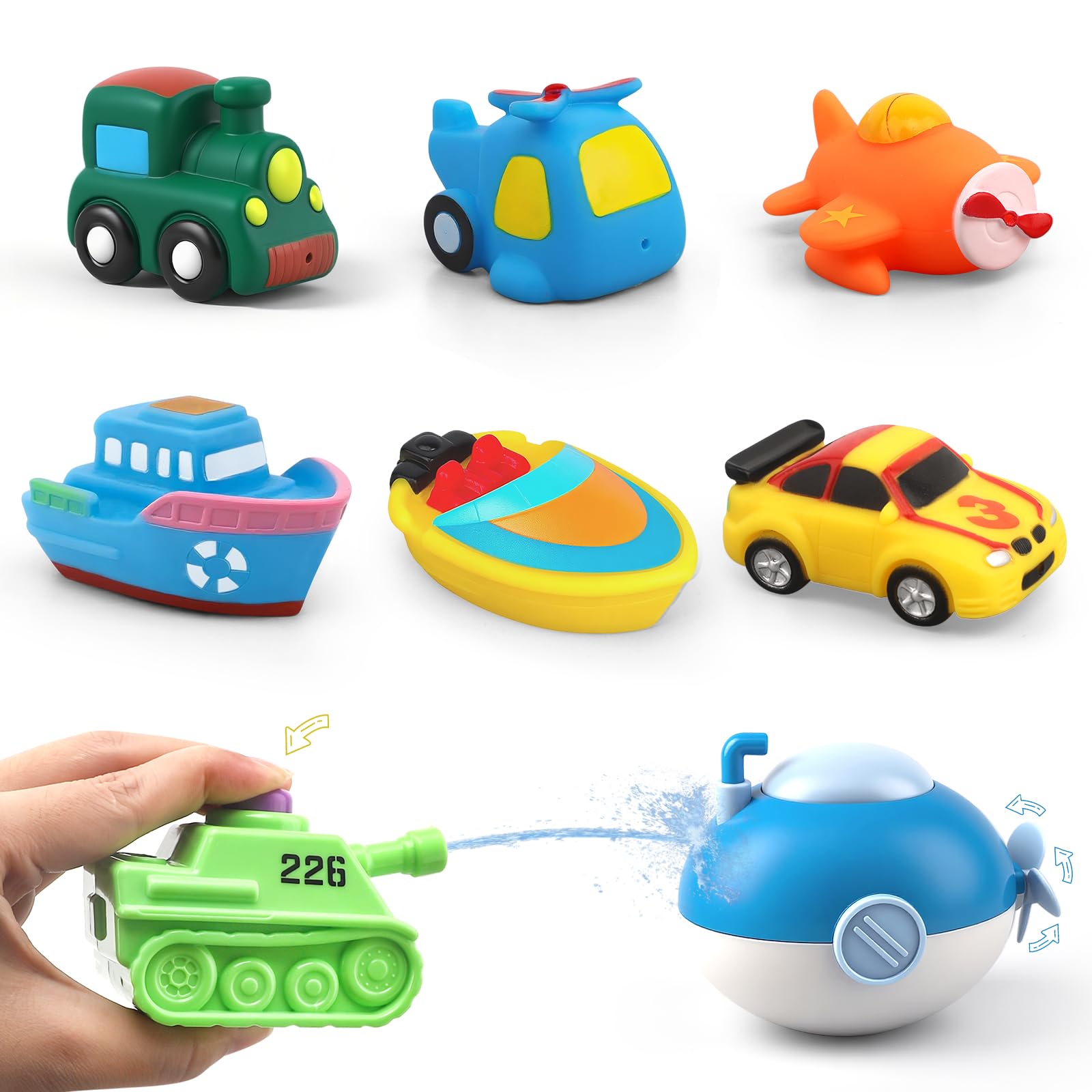 9 PCS Bath Toys for Kids Toddlers Vehicle Train Airplane Floating Water Squirt Toys for For 1 2 3 4 Year Old Boys Girls