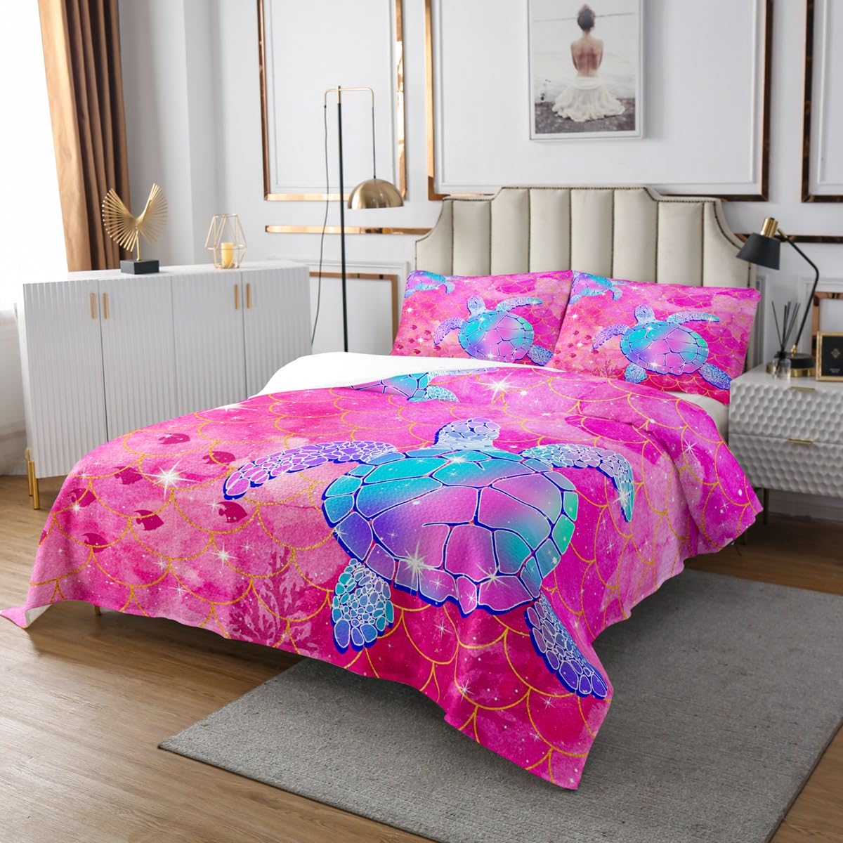 Girly Pink Quilt Set King Size,Sea Turtle Coastal Animals Lightweight Coverlet Bedspread,Luxury Scale Printed Bed Cover Set,Glitter Galaxy Sky Bedspread 3 Piece (1 Quilt,2 Pillow Shams)