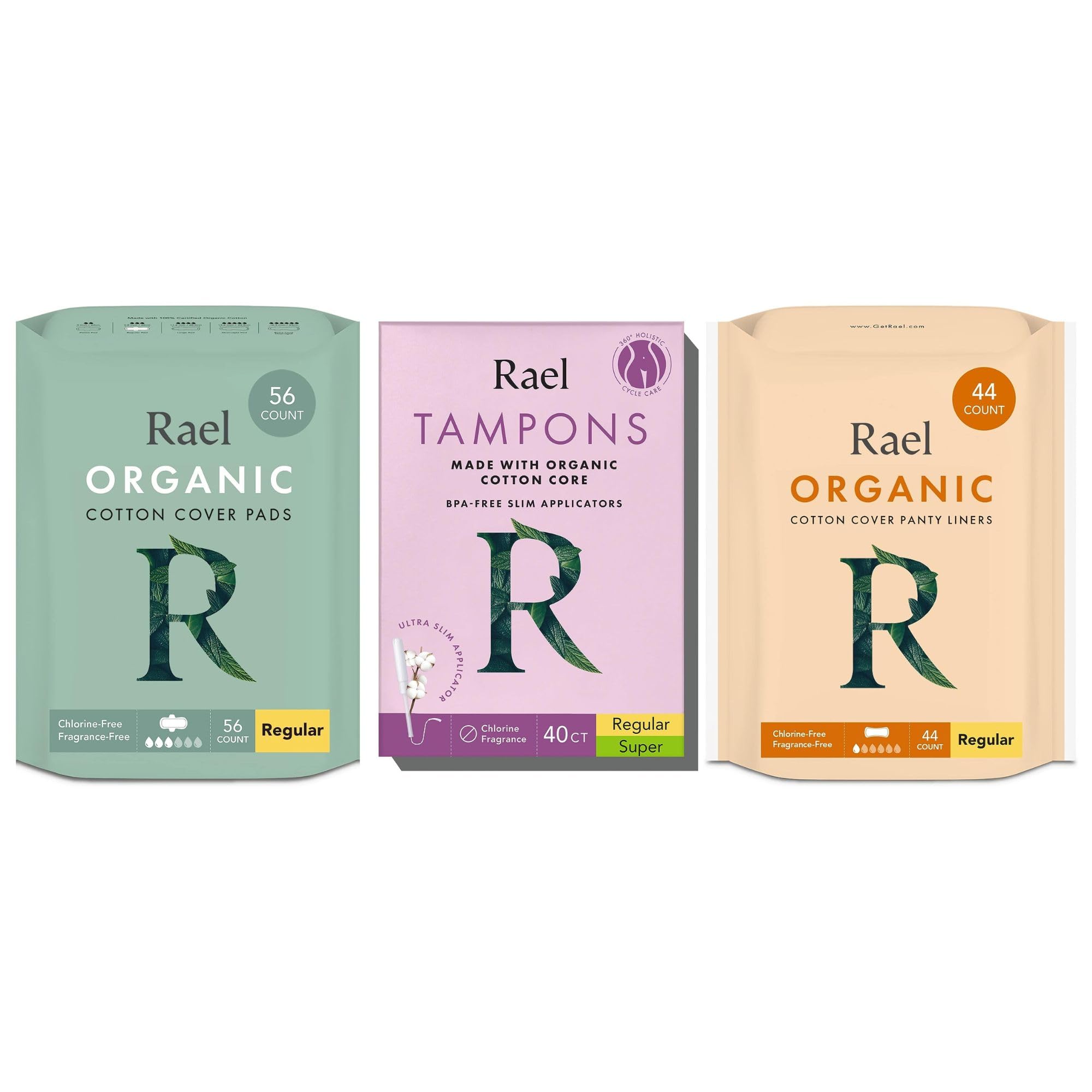 Rael Orgainic Cotton Feminine Care Trio - Regular Pads for Women 56 Count BPA-Free Slim Applicator Tampons Multipack