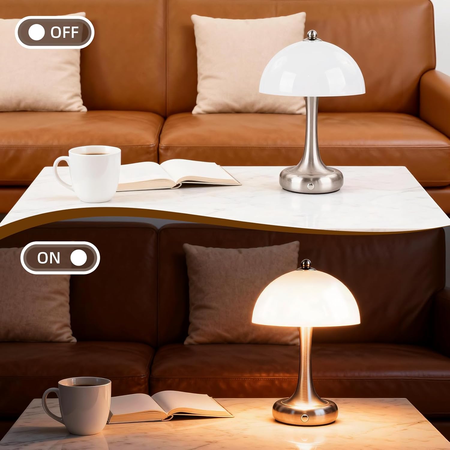 Rechargeable Cordless Table Lamp, Mushroom Touch Lamp with 3-Way Dimmable Control, 3000mAh Battery Powered LED Desk Lamp, Small Bedside Lamp for Bedroom, USB Charging, Home & Office Decor, Gold