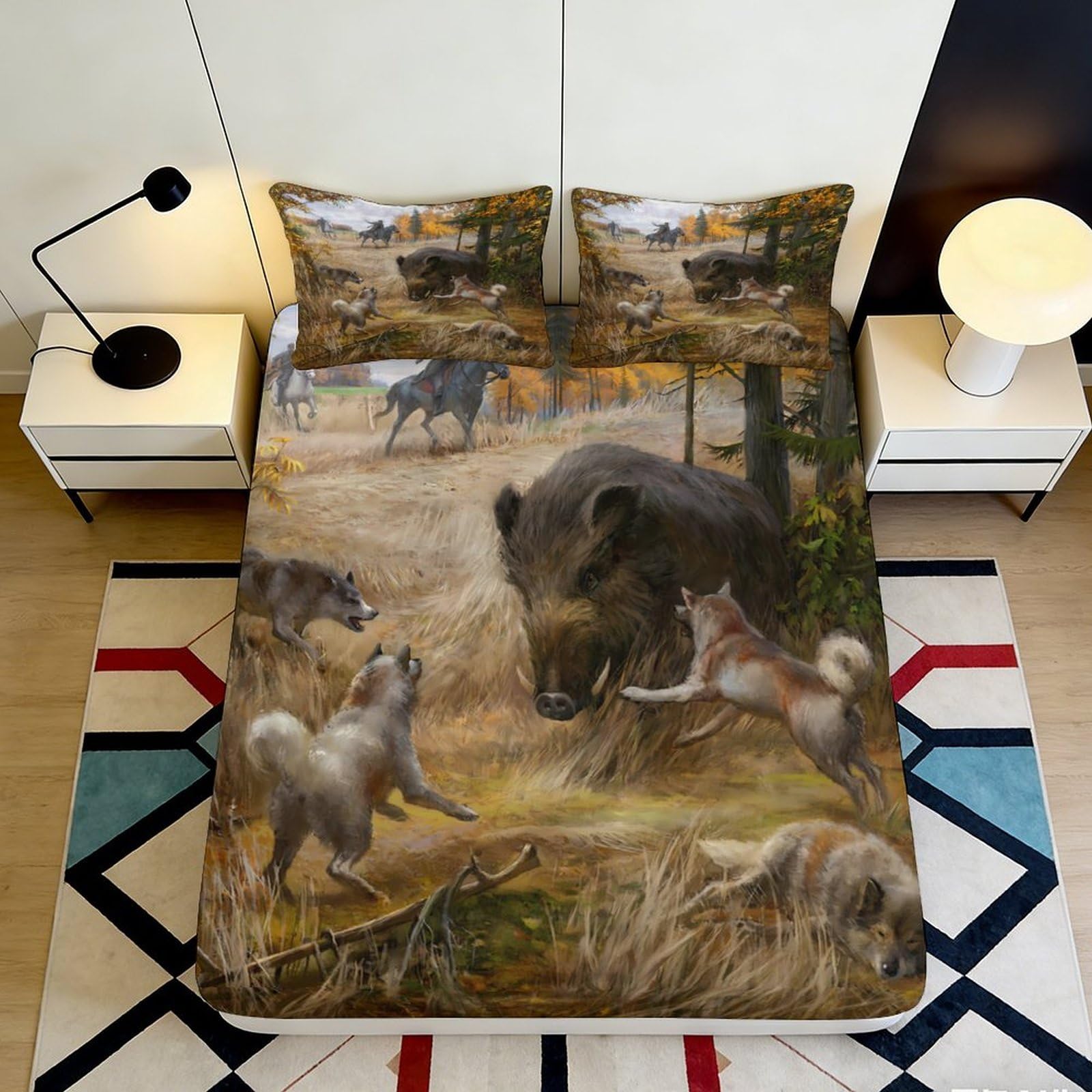 3D Printed Wild Boar Hunting Fitted Sheet Microfiber Deep Pocket Non-Slip Bedroom Wild Boar Mattress Fitted Cover Washable 90x200x25cm