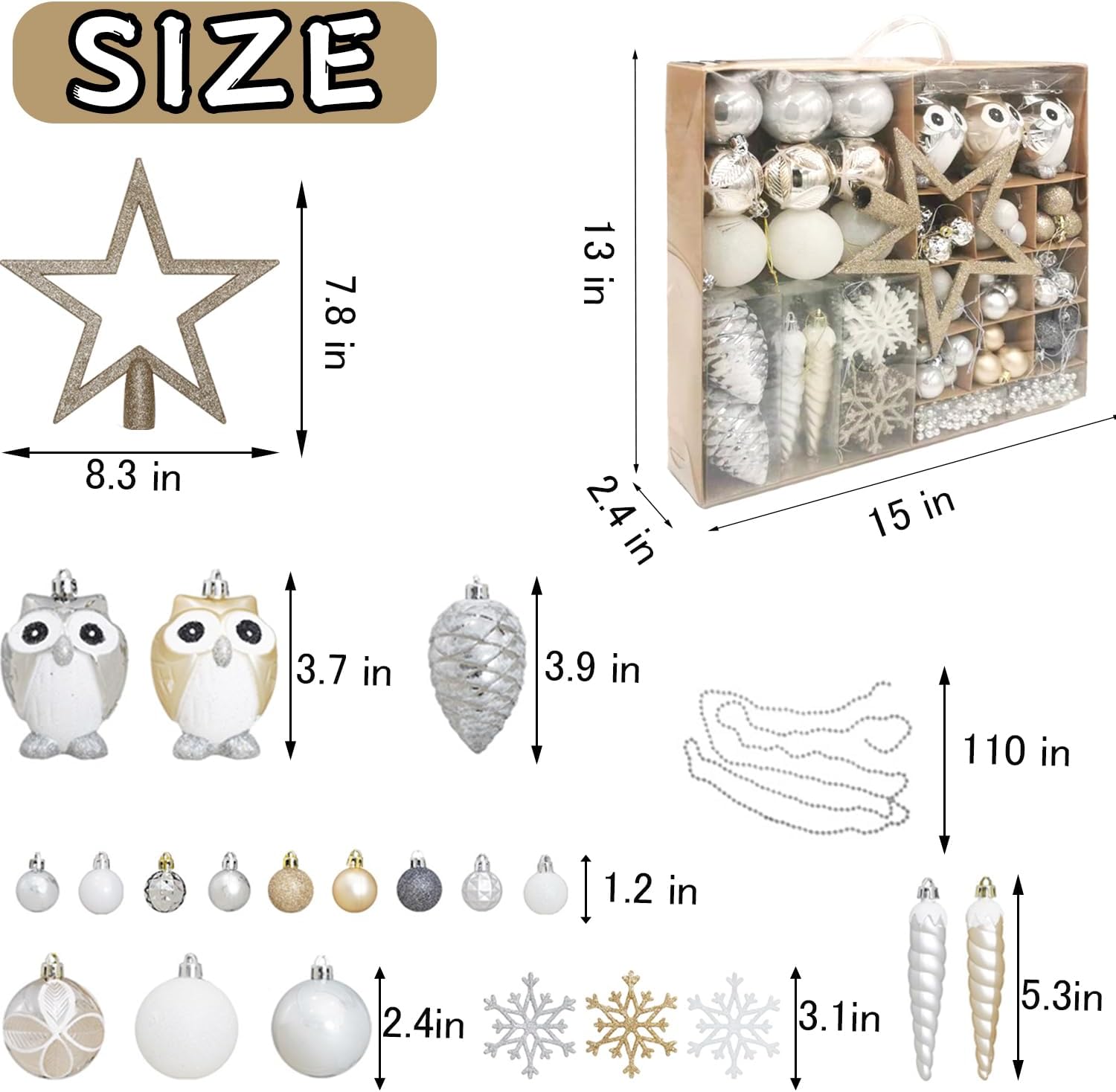 Christmas Tree Ball Ornament Set, 100 ct Gold-Silver Owl Theme Xmas Ornaments, Shatterproof Decorative Hanging Assorted Ornaments for Holiday Party Decor Tree Ornament and Events - Image 3