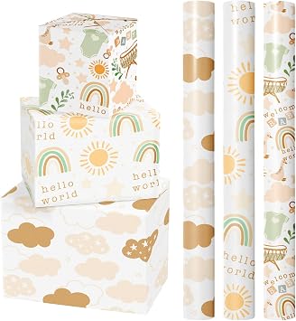 LeZakaa Baby Shower Wrapping Paper Roll, Baby Suit Rainbow Sun Sweet Clouds in Khaki, for Baby Boys Girls, 1st Birthday, Newborn Party, Mini Roll with Cut Lines, 17 x 120 inches, 3 Rolls