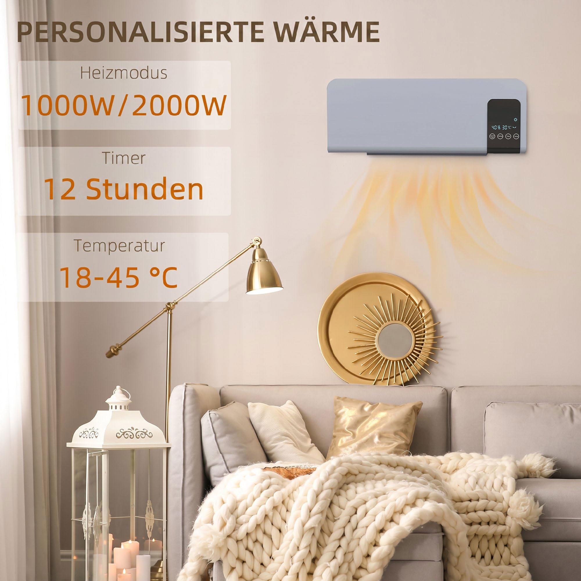 HOMCOM Nagrzewnica ceramiczna do montażu ściennego 2000W do biura szary