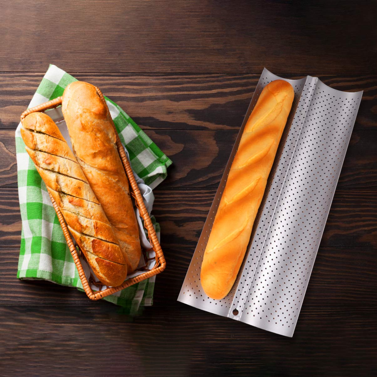 Cabilock Non Stick Baking Tray with Slots Wavy Design Bread Mold for French Baguettes Baking Supplies for Home Kitchen and Restaurant Silver