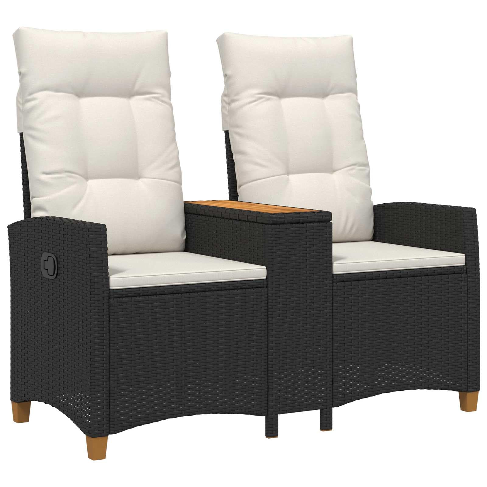 Liegebank mit Tisch Schwarz und Cremeweiß Poly-Rattan Gartenbank 126 x 65 x 112 cm Outdoor Möbel mit Verstellbarer Rückenlehne und integriertem Tisch für Terrasse und Gartenkomfort