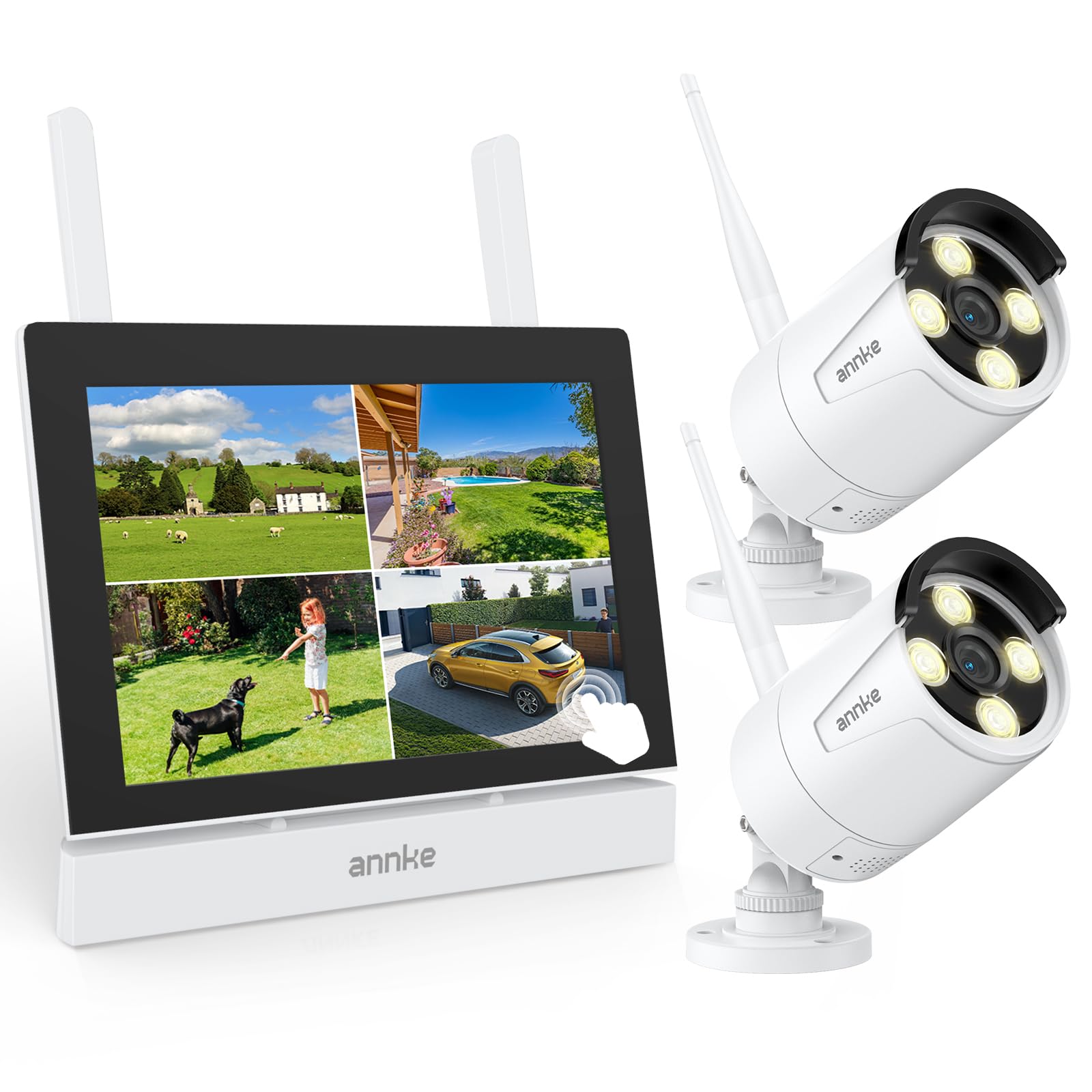 ANNKE Überwachungskamera Set mit Monitor, 7" Touchscreen NVR Bildschrim mit 2X 2K WiFi Kamera, Vollmetallmaterial, Farbnachtsicht, 2-Wege-Audio, Personenerkennung, Arbeiten ohne WLAN, 64GB Karte