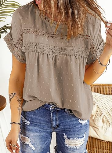 Vista 2 de Dokotoo Blusas de verano para mujer, cuello redondo, encaje, ganchillo, manga corta, blusas casuales de gasa