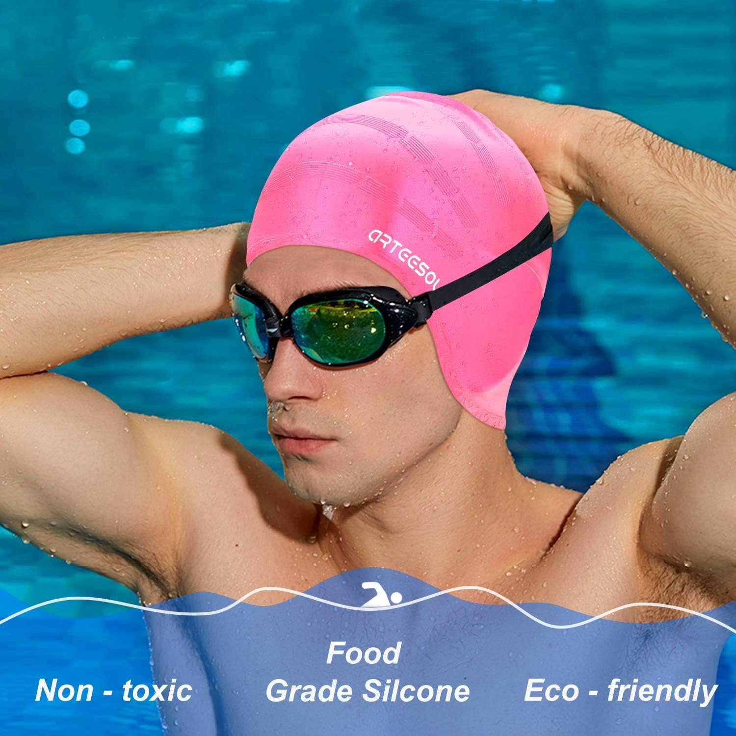 Blackace arteesol Swimming Cap Women Swimming Hat Silicone Swim Cap Swim Hat Waterproof Cap, 3D Ear Ergonomic Design - Image 4