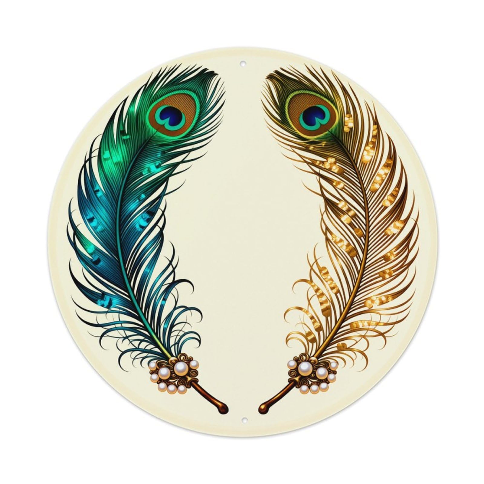 Wmlzdnwr Vintage Peacock Feathers With Pearls And Gold Accents Round Tin Sign,Retro Wall Art,Metal Poster For Home, Bar, Garage, Cafe, Rustic Indoor & Outdoor Decor, 8X8 Inches