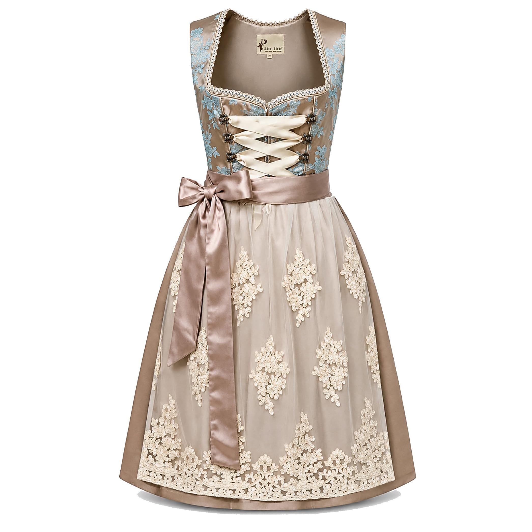 Alte Liebe Dirndl Damen Midi Lang Dirndl Trachtenkleid Trachtenrock Dirndl-Set Trachtenmode Trachten Damen mit 2tlg Dirndl Spitzen Schürze Oktoberfest Dirndlkleid Gold