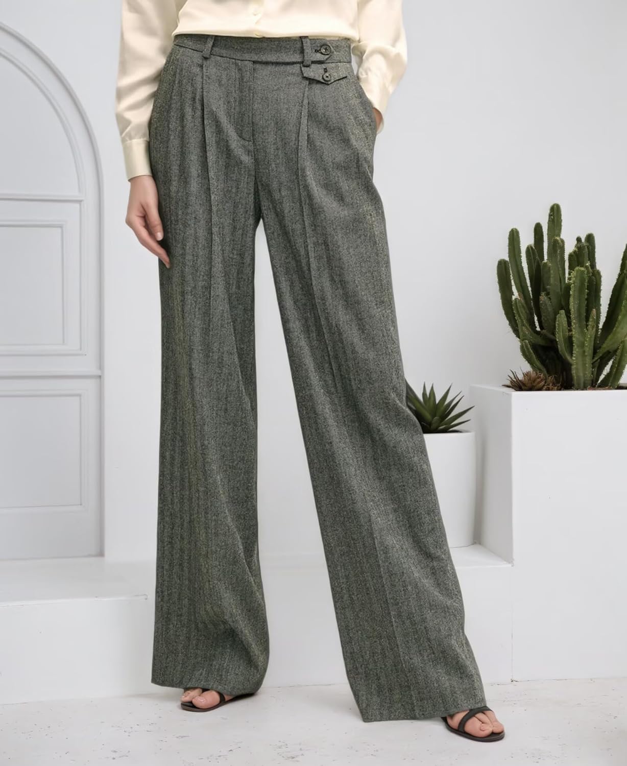 Tweed Herringbone Dress Pants for Women High Waisted Wide Leg Pants Business Casual Long Trousers with Pockets