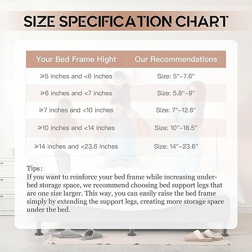Miniatura 9 de 4 patas de soporte para marco de cama, altura ajustable de 5 a 8.6 pulgadas, patas de soporte de marco de cama de acero extra resistentes con base