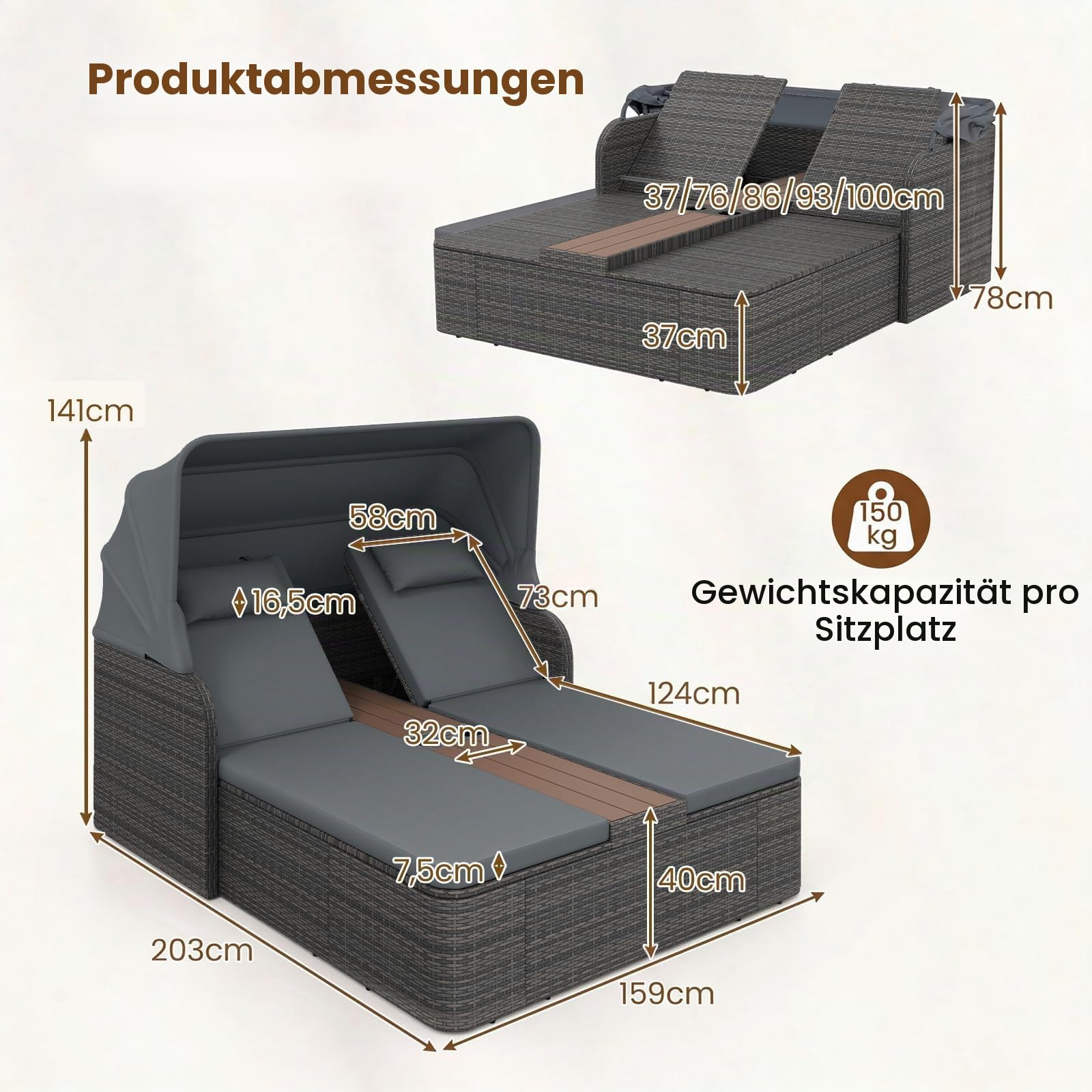 LIFEZEAL Sonnenliege 2 Personen, Gartenliege mit Verstellbarer Rückenlehne & Sonnendach, Doppelliege aus Rattan mit Kissen & Kopfstützen, Gartenbett mit Tisch & Getränkehaltern für Garten (Grau)