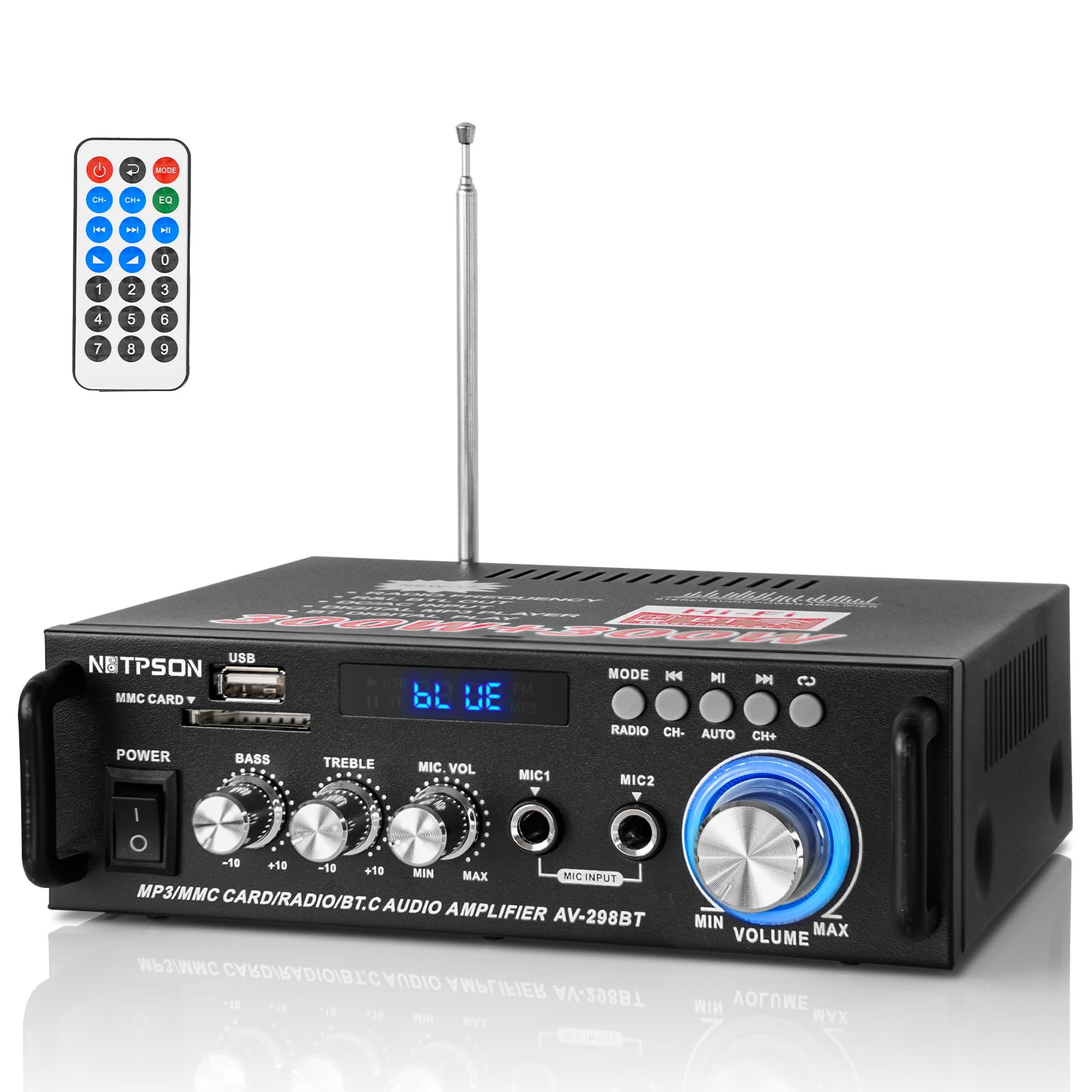 298BT Bluetooth Stereo Receiver Amplifier,600W Home Audio Amp with FM Radio,USB/SD Inputs Remote Control, Wireless Power Amplifier for Home Theater Speakers,Karaoke,Garage Bookshelf Speakers