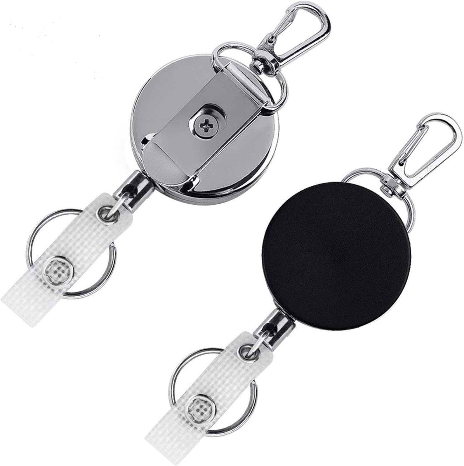 Retractable Keyring, 2 Pack Strong Heavy Duty Key Chain with ID Card Badge Strap, Steel Belt Clips and 23.6in Extending Steel Lanyard Reel, Durable Black Key Ring