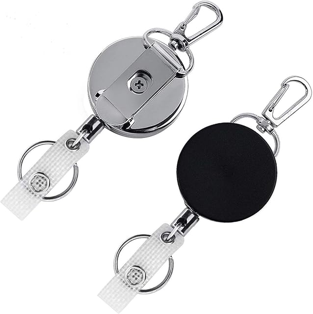 Retractable Keyring, 2 Pack Strong Heavy Duty Key Chain with ID Card Badge Strap, Steel Belt Clips and 23.6in Extending Steel Lanyard Reel, Durable Black Key Ring 2