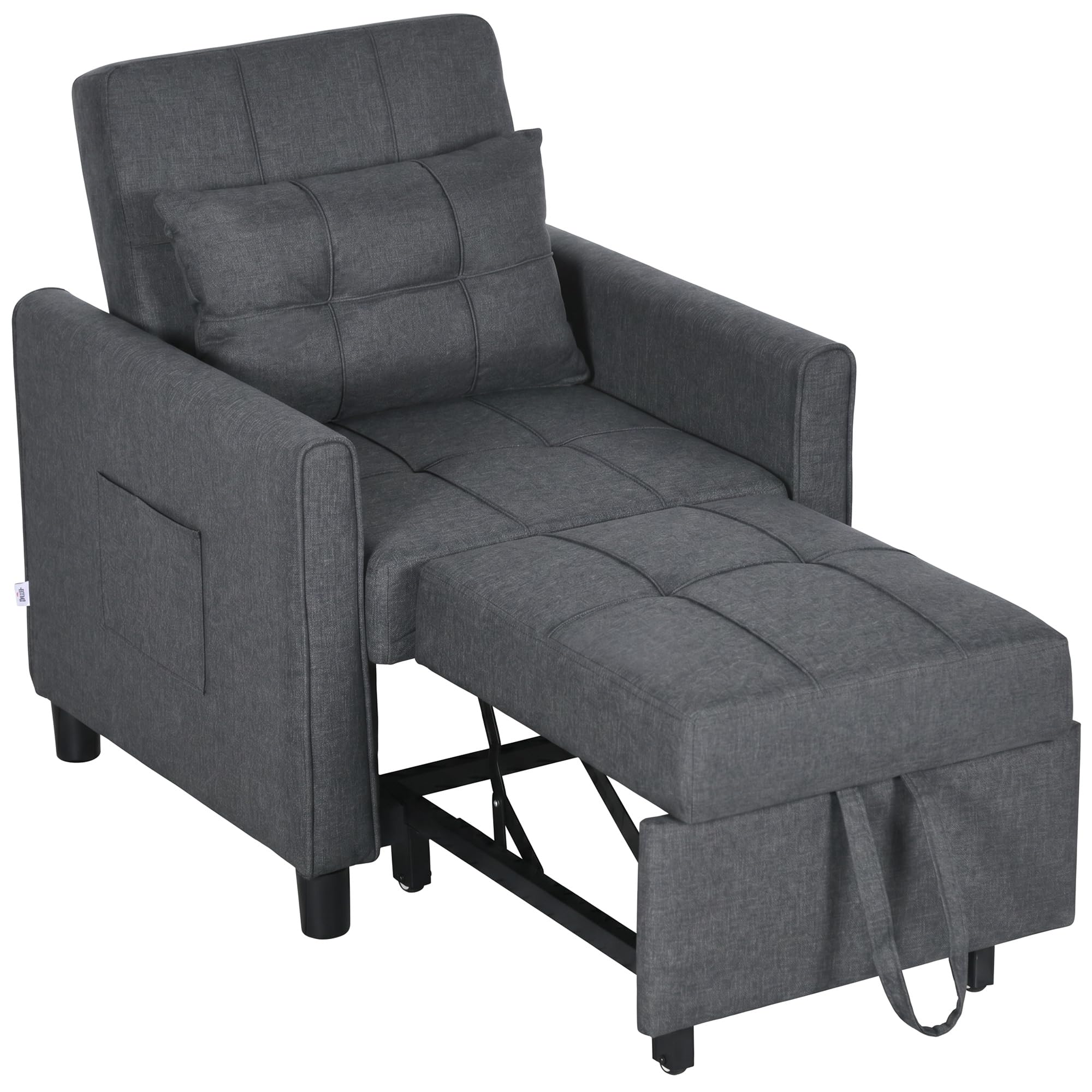 HOMCOM Compact Single Chair Bed, Pull Out Bed, Convertible Sleeper Chair with Adjustable Backrest, Pillow, Side Pockets for Home Office, Bedroom, Living Room, Grey โ image 1