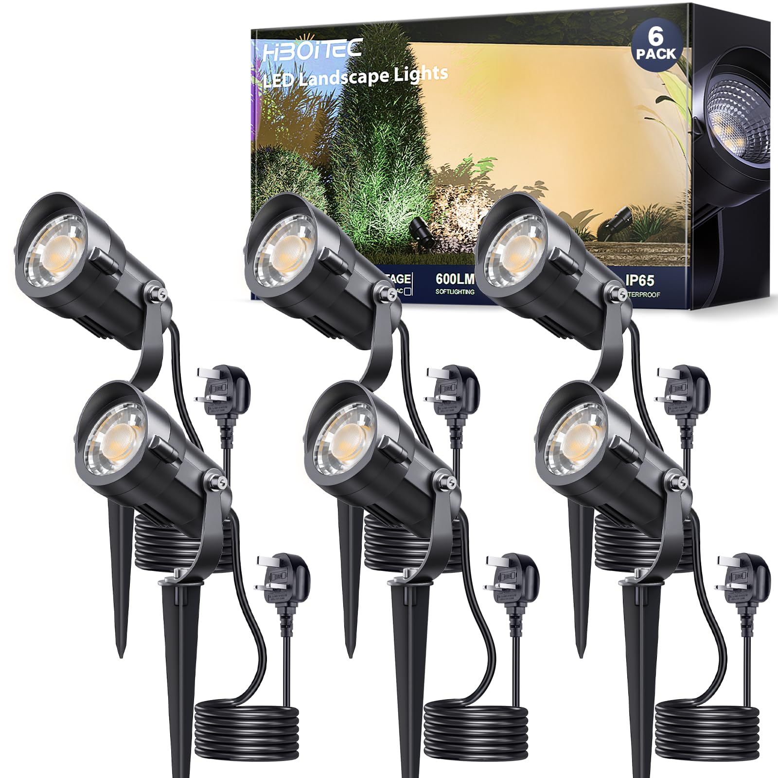 HIBOITEC 6Pcs 7W Low Voltage Spike Lights with 1.5M Cord Plug, 600LM Outdoor Garden Light Warm White Landscape Spotlights, IP65 Waterproof LED Spike Lights for Garden Yard Pathway