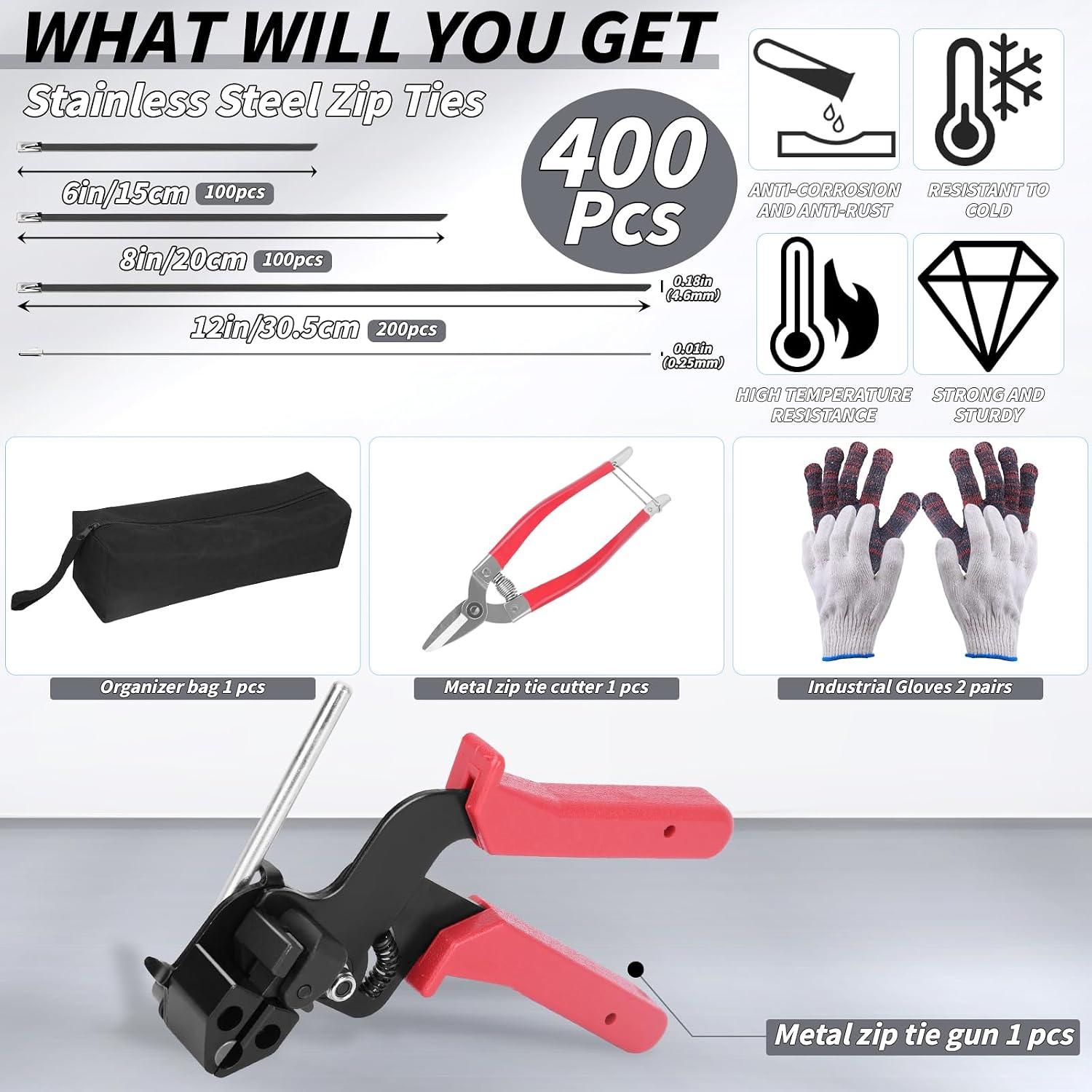 400PCS Metal Zip Ties Gun Kit, 6/8/12 Inch Heavy Duty Metal Zip Ties, Multi-Purpose Self-Locking Cable Tie Tool Set for Vehicles Farms Plants Fences Pipe Bundling, Scissors