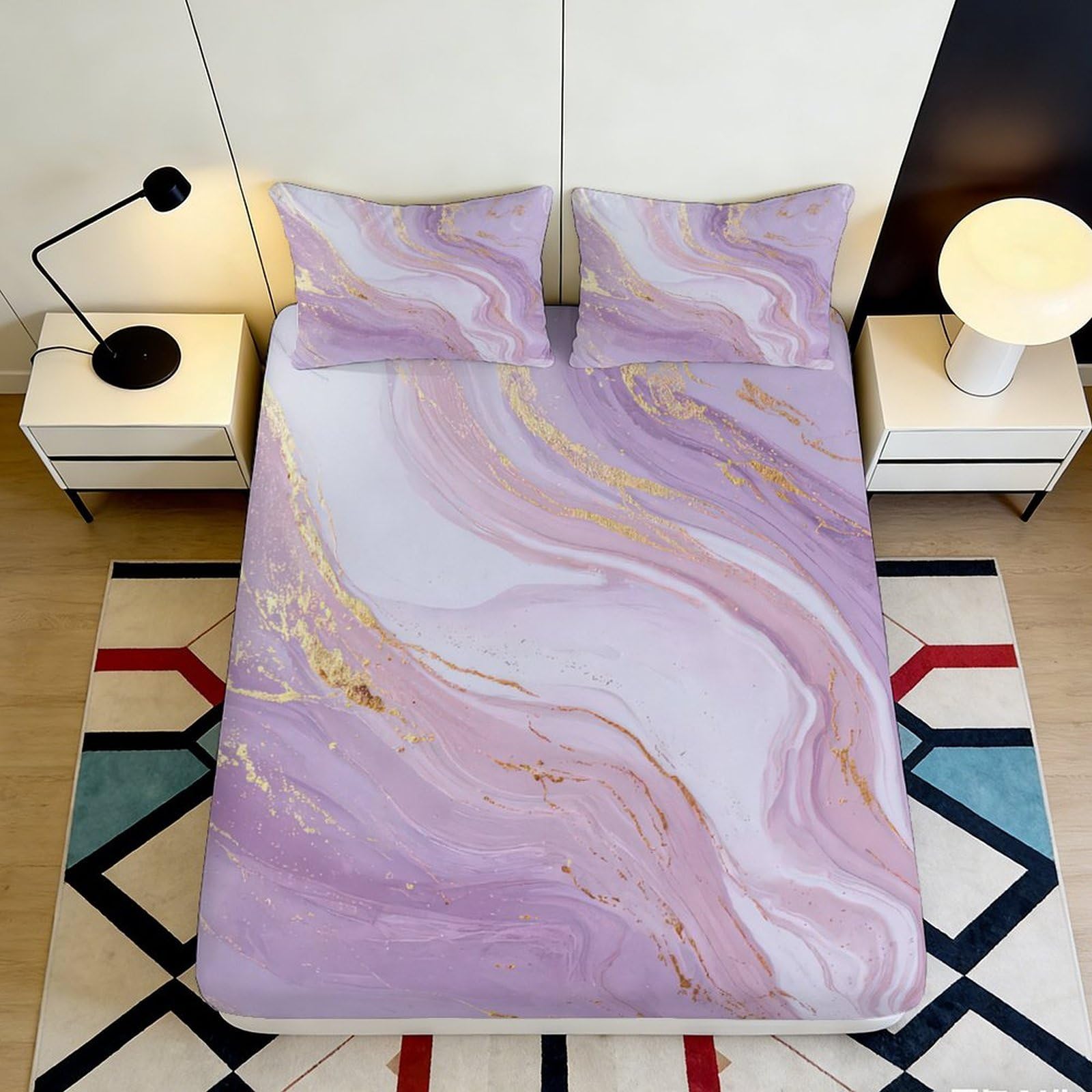 Pnayamiorkfel Style-7 3D Printed Marble Pink Gold Veins Fitted Sheet Microfiber Bed Cover Non-Slip Machine Washable Bedroom Decor 90X200x25cm